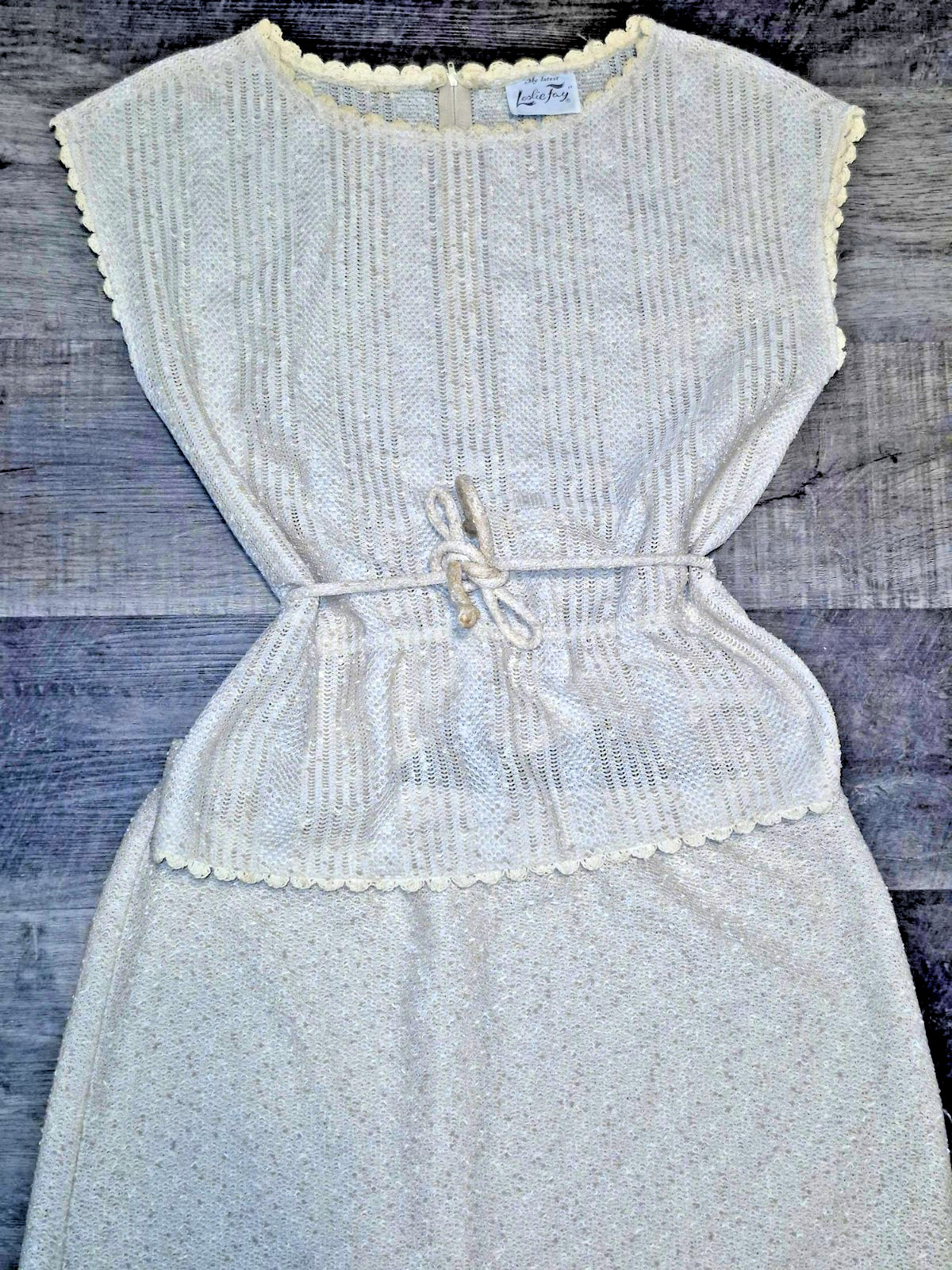 Vintage Leslie Fay My Latest 2-Piece Knit Set Cream Peplum Top Skirt 70s Boho