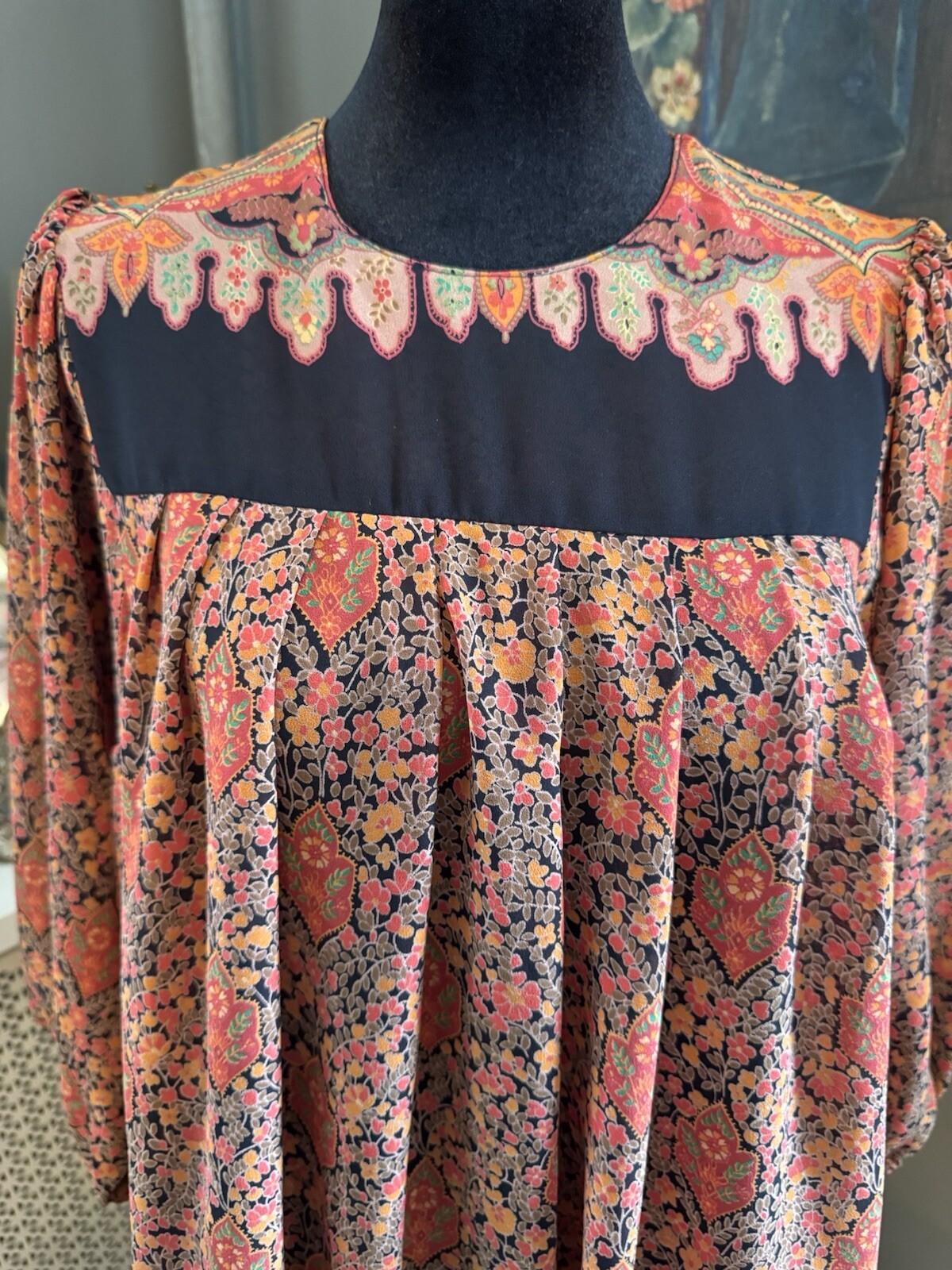 Vibrant Vintage Boho Paisley Dress 1970s? Orange Black Teal Yellow Floral