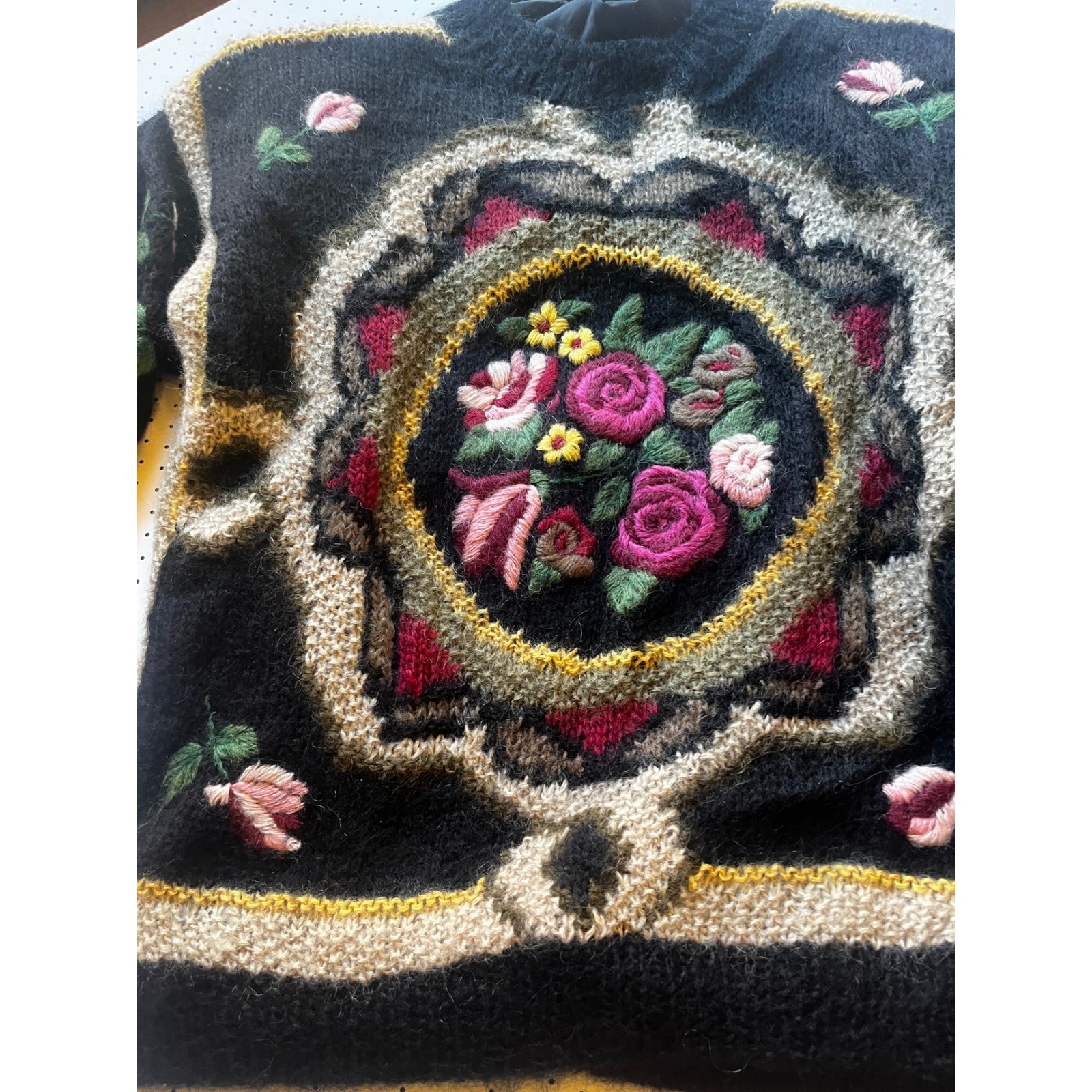 Siba Vintage Hand Knitted Mohair Floral Medallion Sweater Lined Black Mens M
