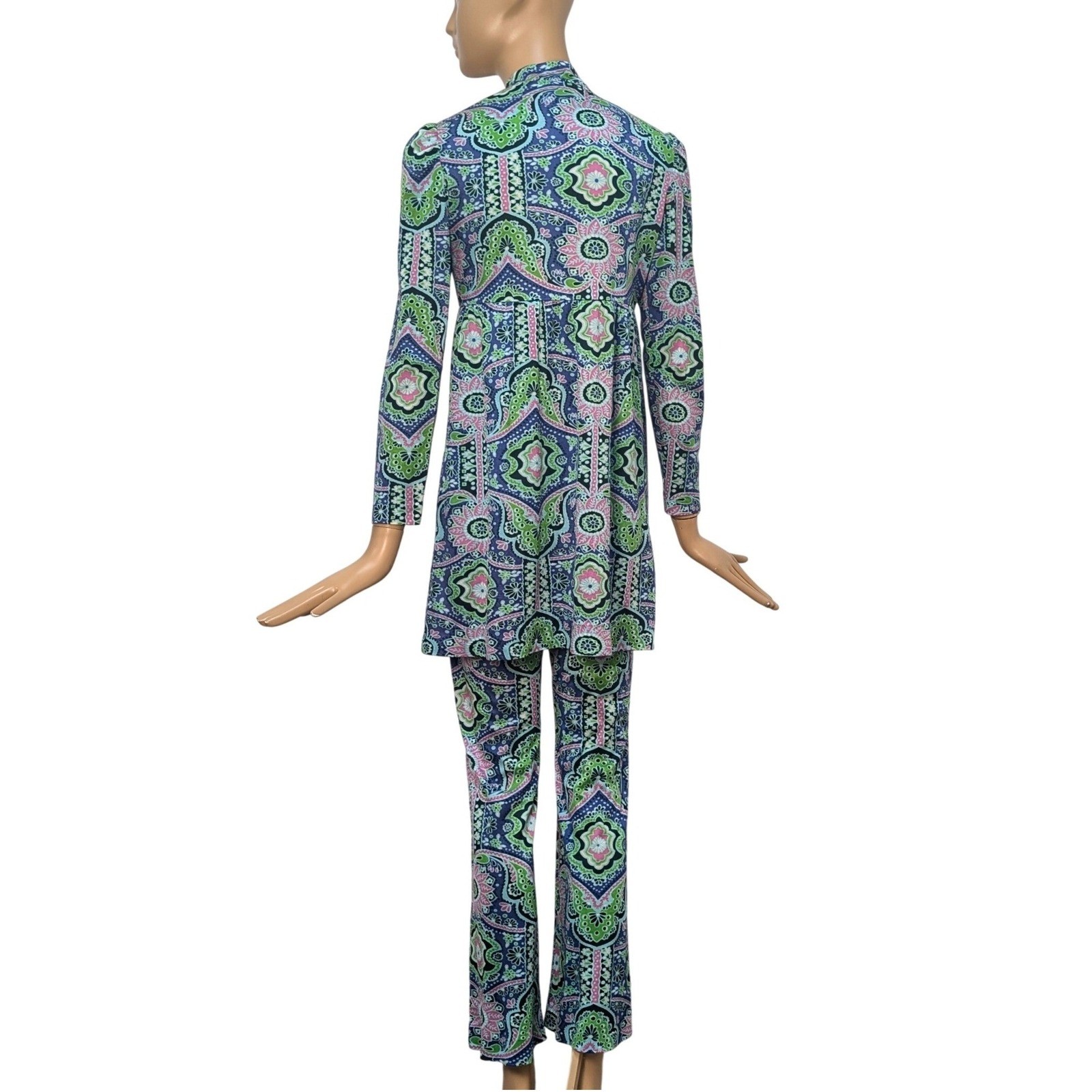 Vintage 60s Magnin Psychedelic Paisley Floral Tunic and Pants Set Blue Green