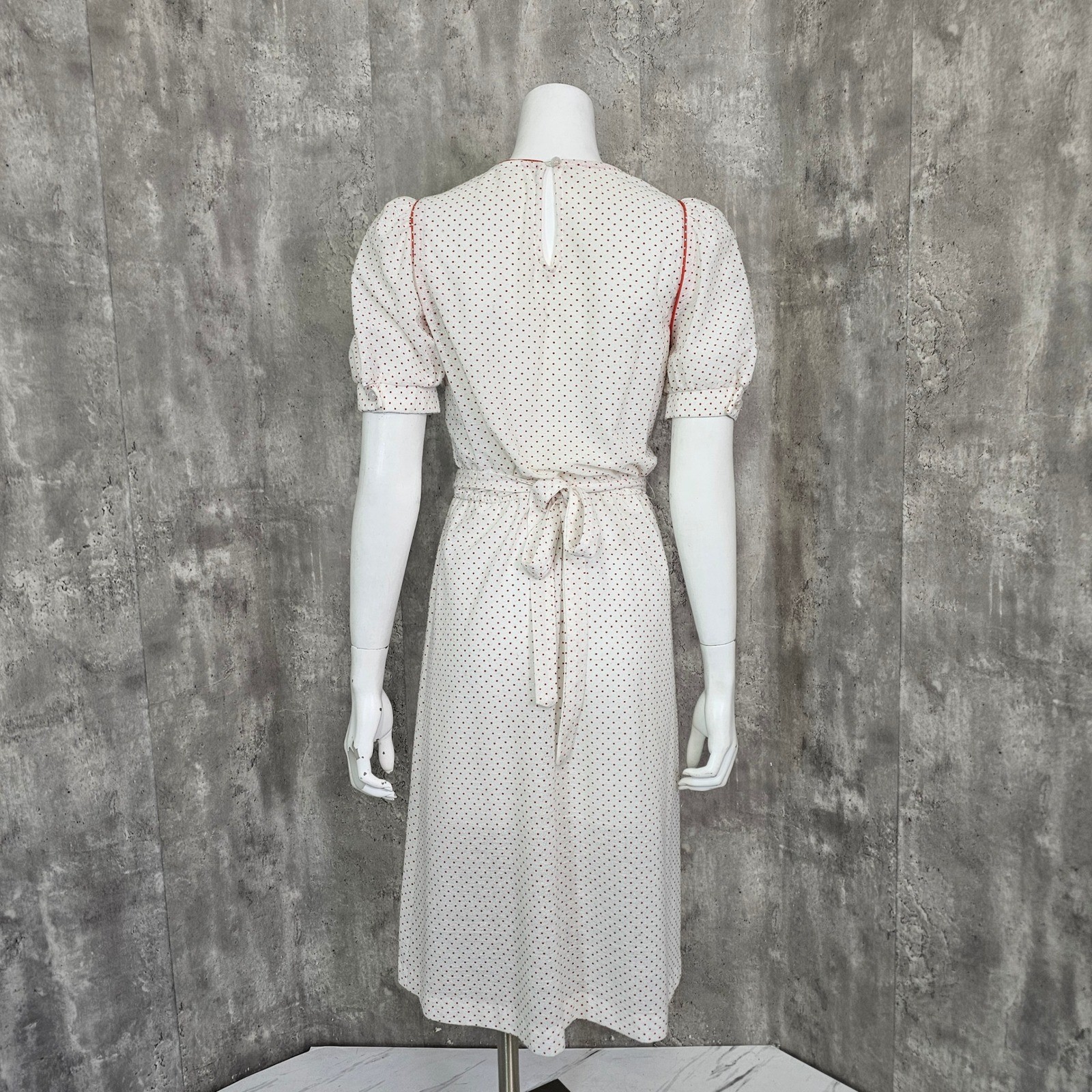 Vintage Sheer Crepe Nylon Red Polka Dot Puff Sleeve Cottagecore Prairie Dress