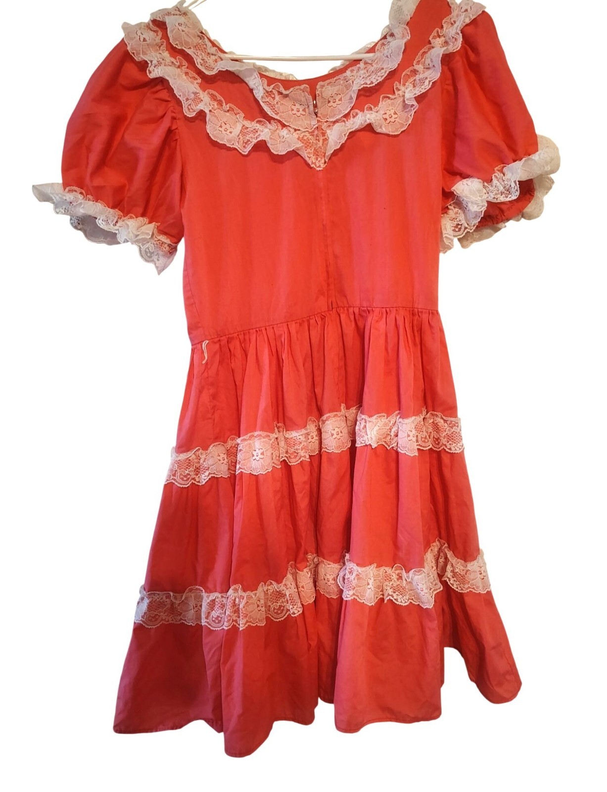 Vintage Pete Bettina Size 10 Salmon Pink Square Dancing Dress, White Lace