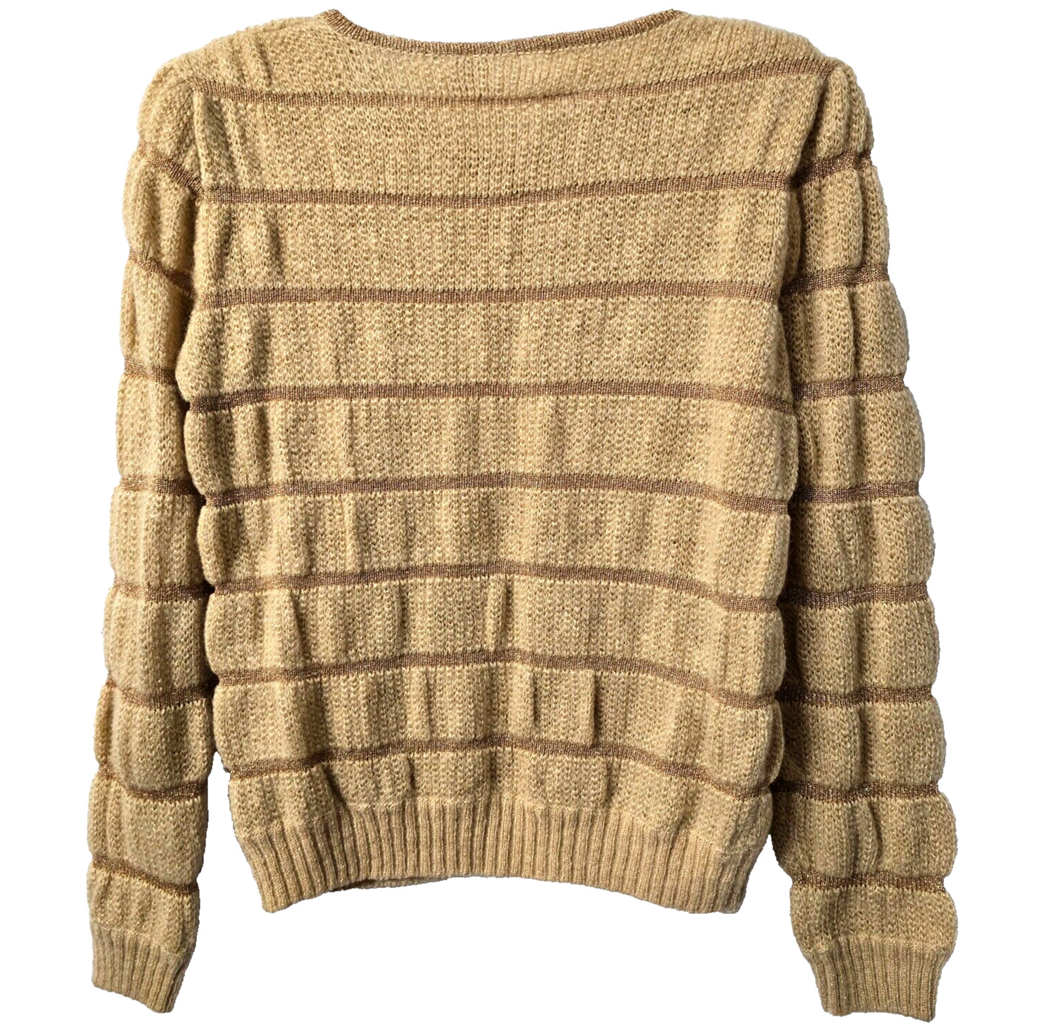 Vintage Wool Blend Knit Sweater S Ribbed Puff Sleeve Gold Sparkle 70s Grandma