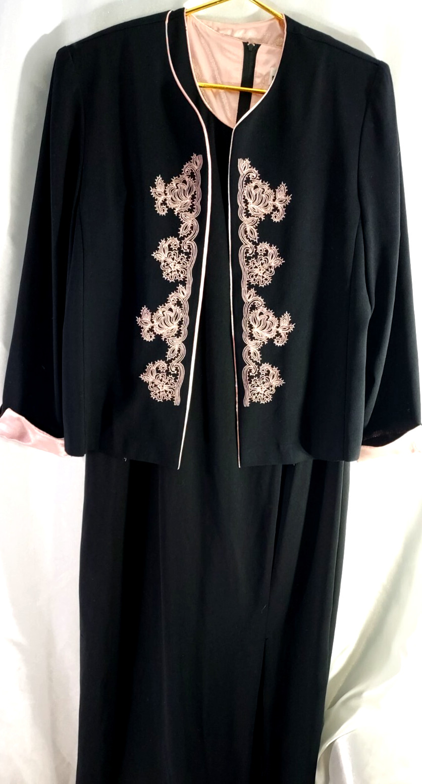 vtg perceptions 2 piece set dress & jacket size 14 black pink embroidered