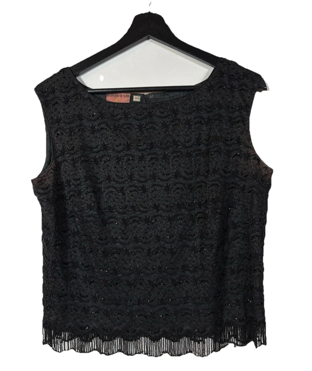 Vintage Black Beaded Lace Top Lined Medium Regalia Imports Fringe Sleeveless 40