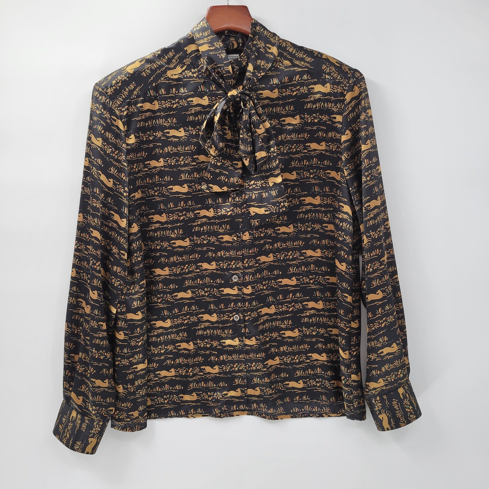 Vintage Evan-Picone Horse Print Tie Neck Blouse Size 16 Shoulder Pads Button Up