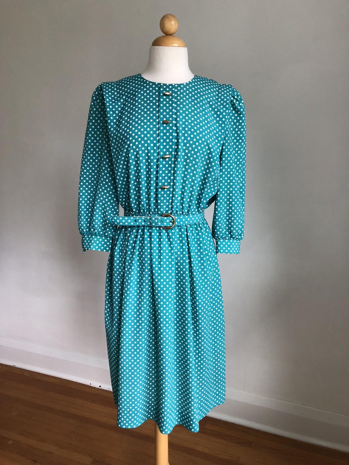 GORGEOUS VTG LADY CAROL Petites Teal Blue White Polka Dots Silky Belted Dress 8