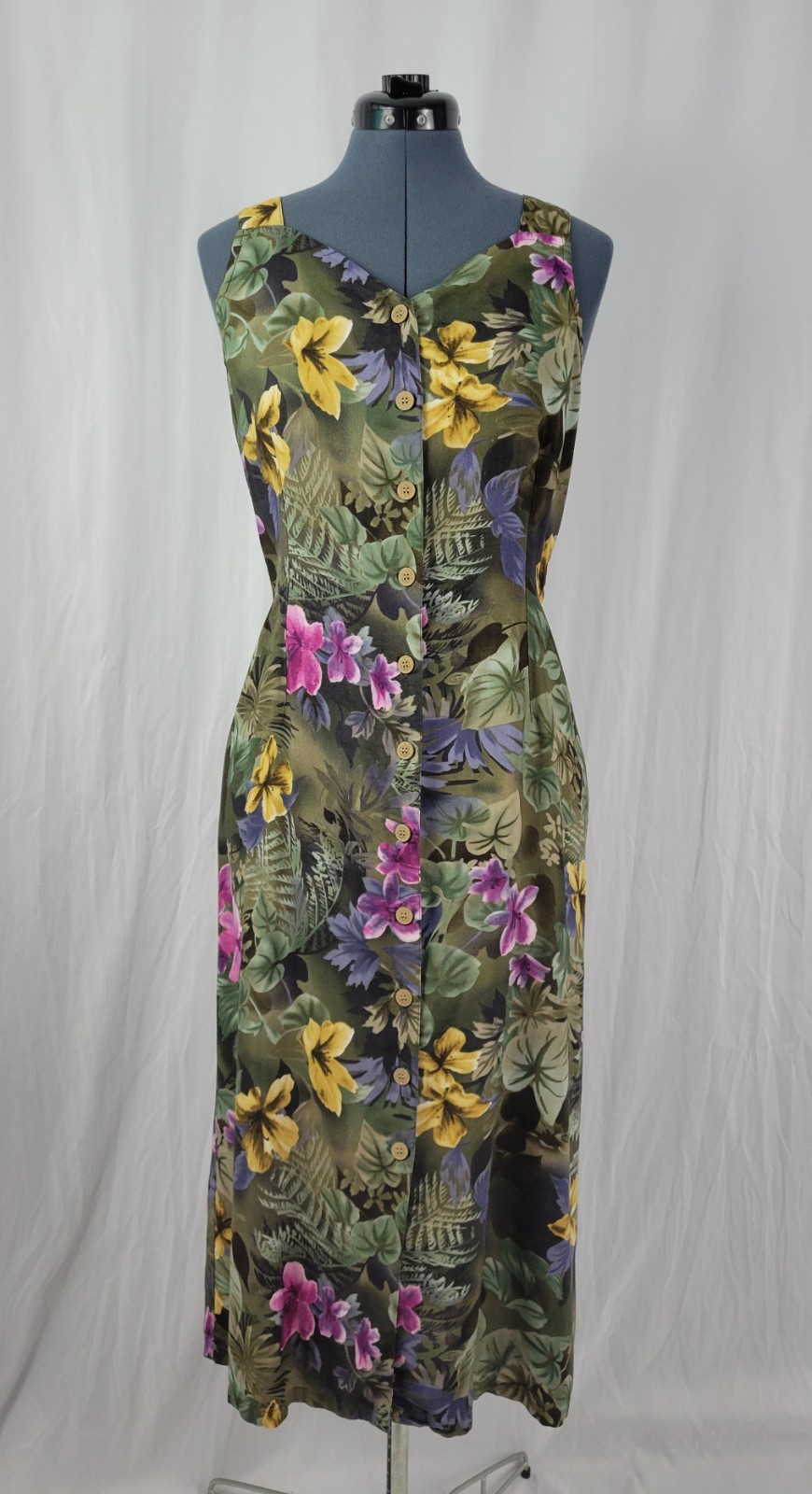 Vintage Erika Mossy Green Floral Sundress w Button Down Front Size Med Petite