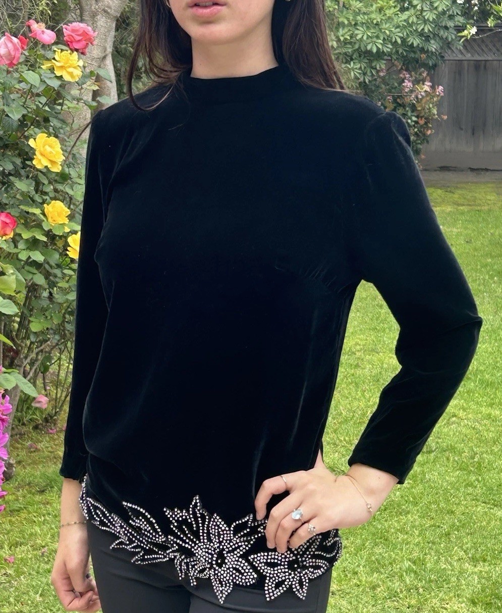 Vintage Custom Made M Silk Velvet Rinestone Embellished Top