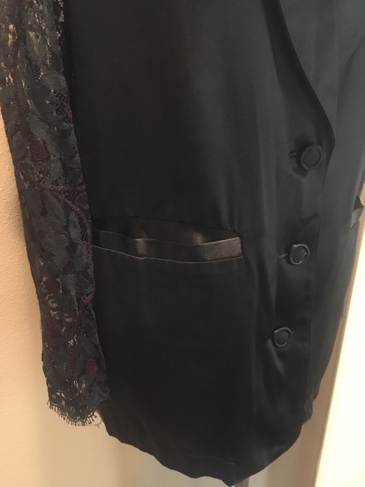 Vintage Sue Wong M Satin Tuxedo Jacket W Black & Wine Lace Sleeves