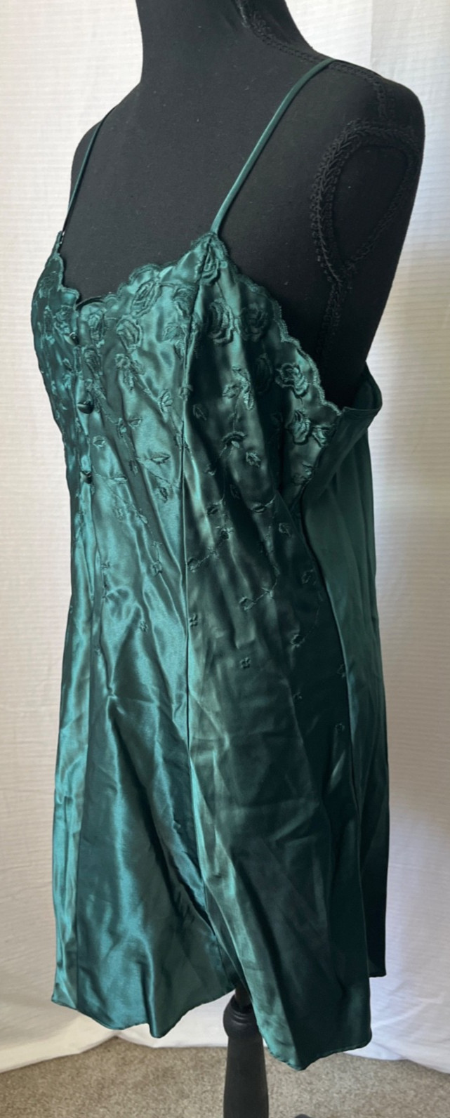 Vintage 80’s Angelique lingerie Large Slip Dress Hunter Green Embroidered Floral