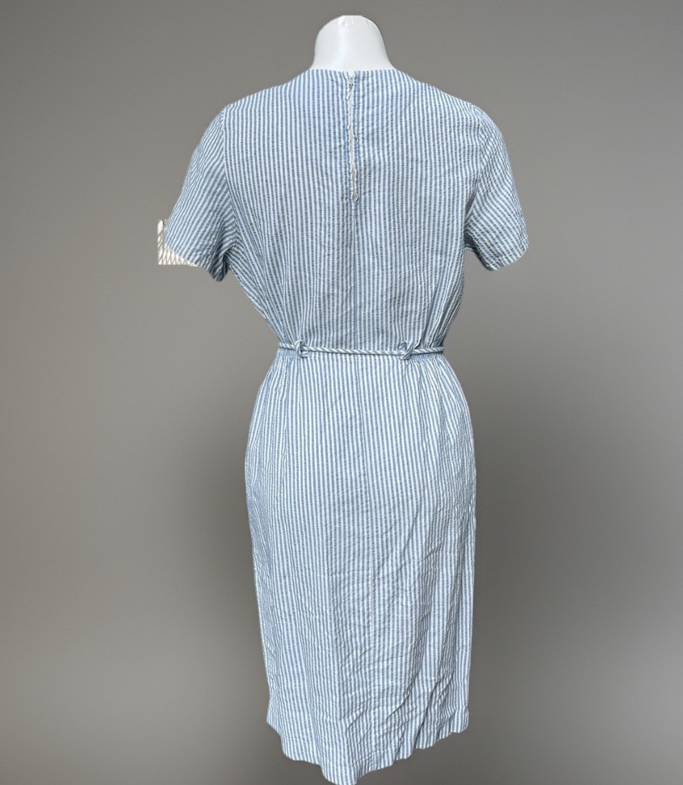 VTG Sears Dress Blue White Seersucker Belt Loops Short Sleeve Knee Length Med/L