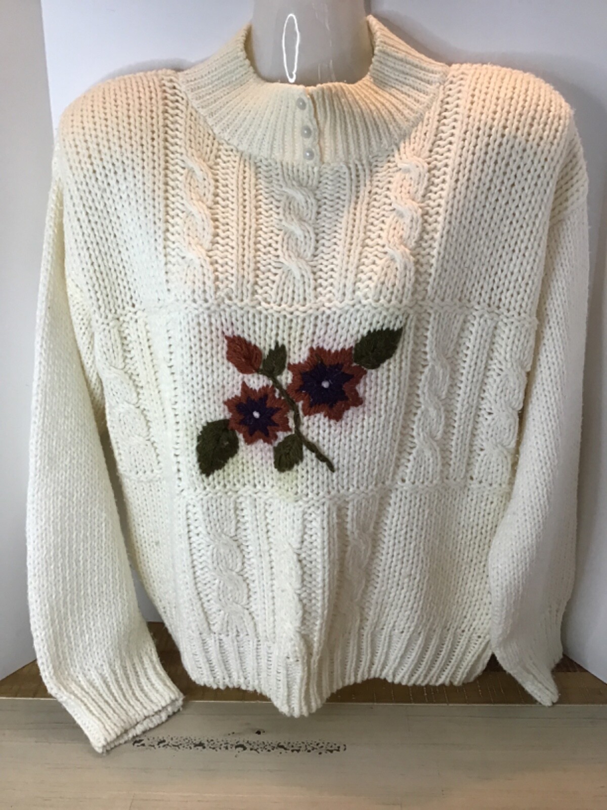 Vintage JJ Fargo Women’s Sweater Ivory Floral Knitted By Hand Granny Core Size M