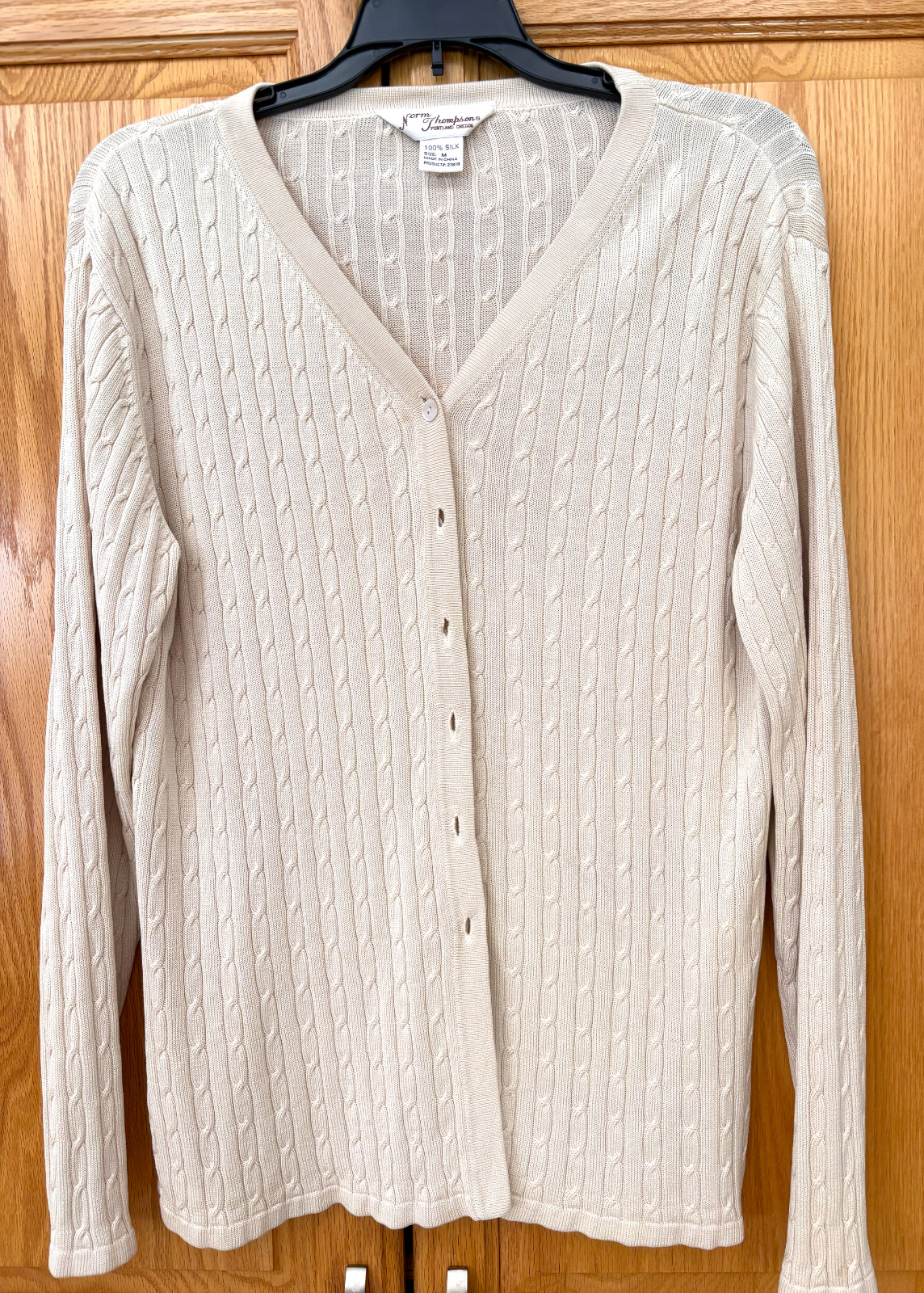 Norm Thompson 100% Silk Light Beige Cable Knit Cardigan Sweater Size M