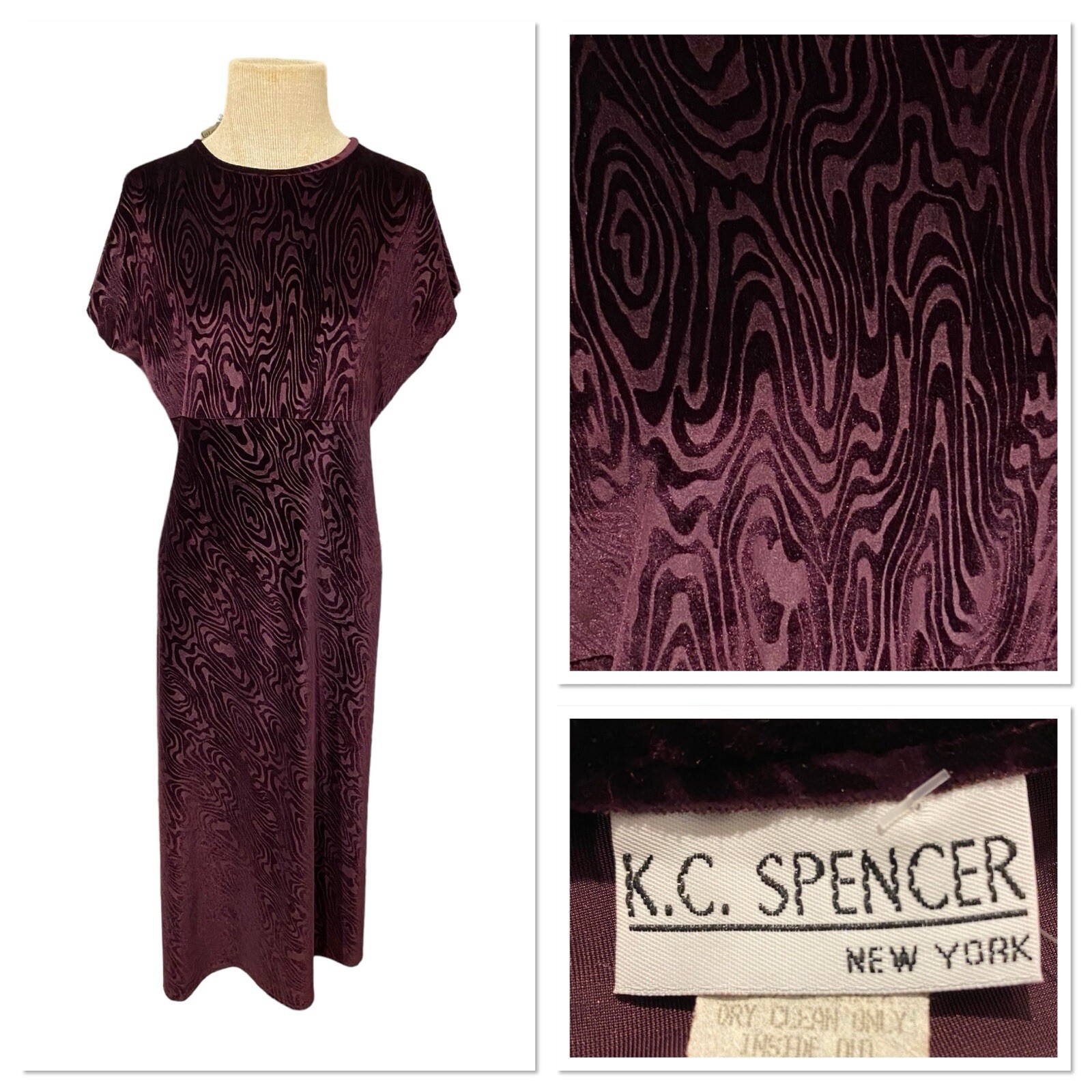 Vintage K.C. Spencer Purple Velvet Swirl Design Maxi Dress Size 12