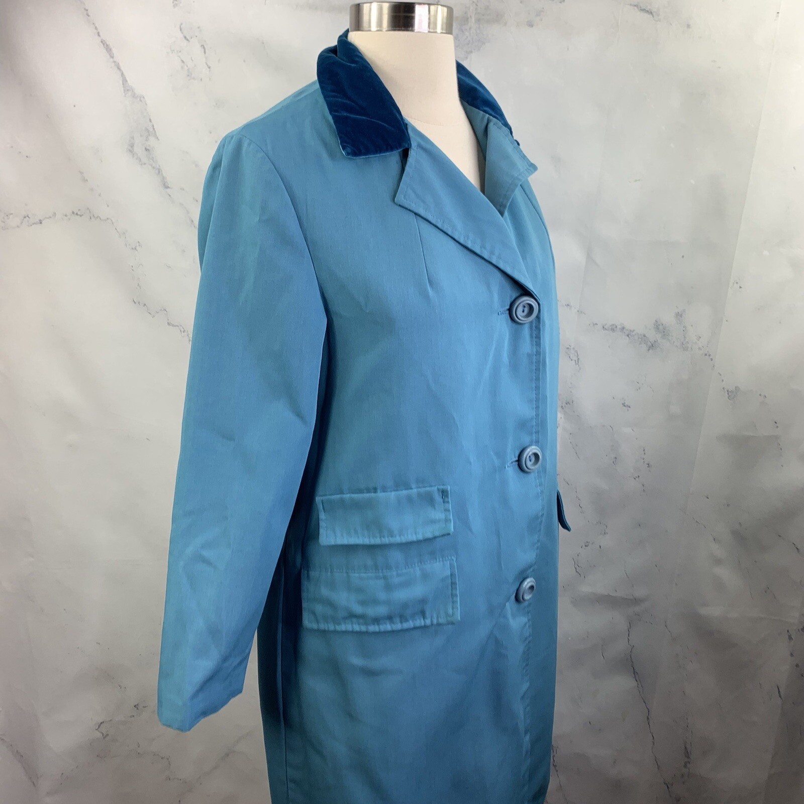 Vintage 60s Sears MOD Trench Coat Womens S Blue Velvet Collar Retro Spy Jacket