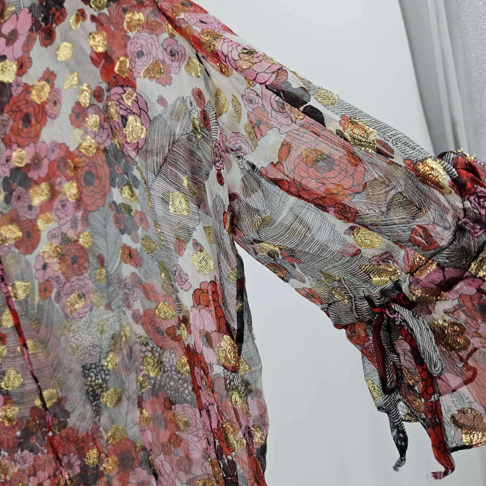 Alexander McQueen Silk Sheer Floral Blouse Maroon Gold Metallic Ruffle Peasant