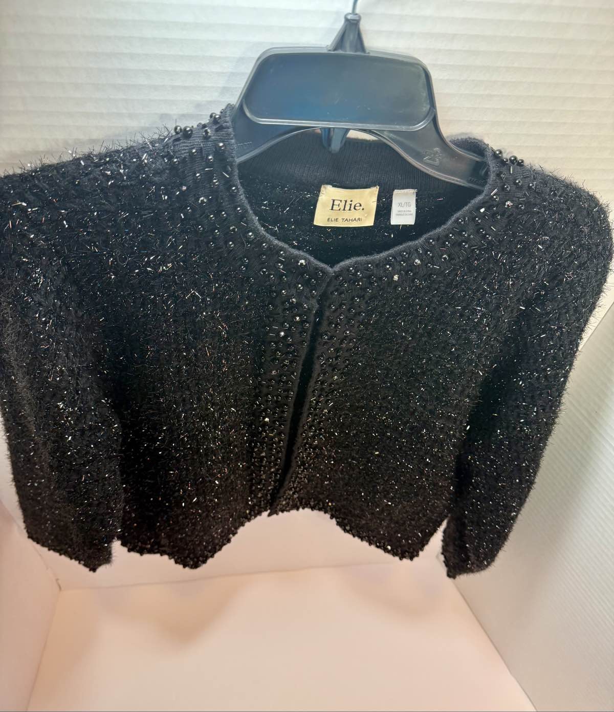 Elie Tahari XL Black Beaded Metallic Knit Cardigan. Size runs small!