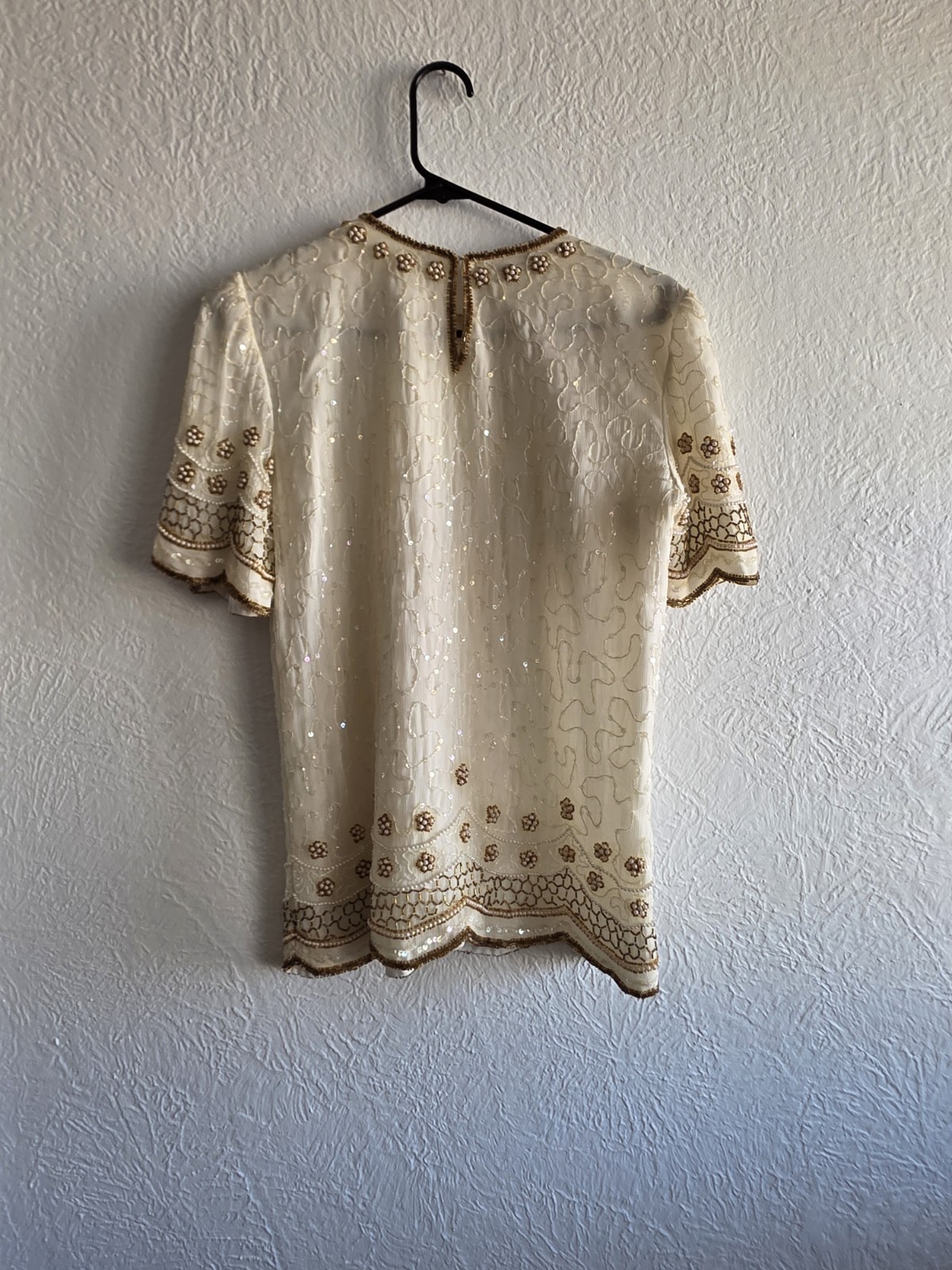 Laurence Kazar Cream and Gold Vintage Beaded Silk Blouse Size Medium