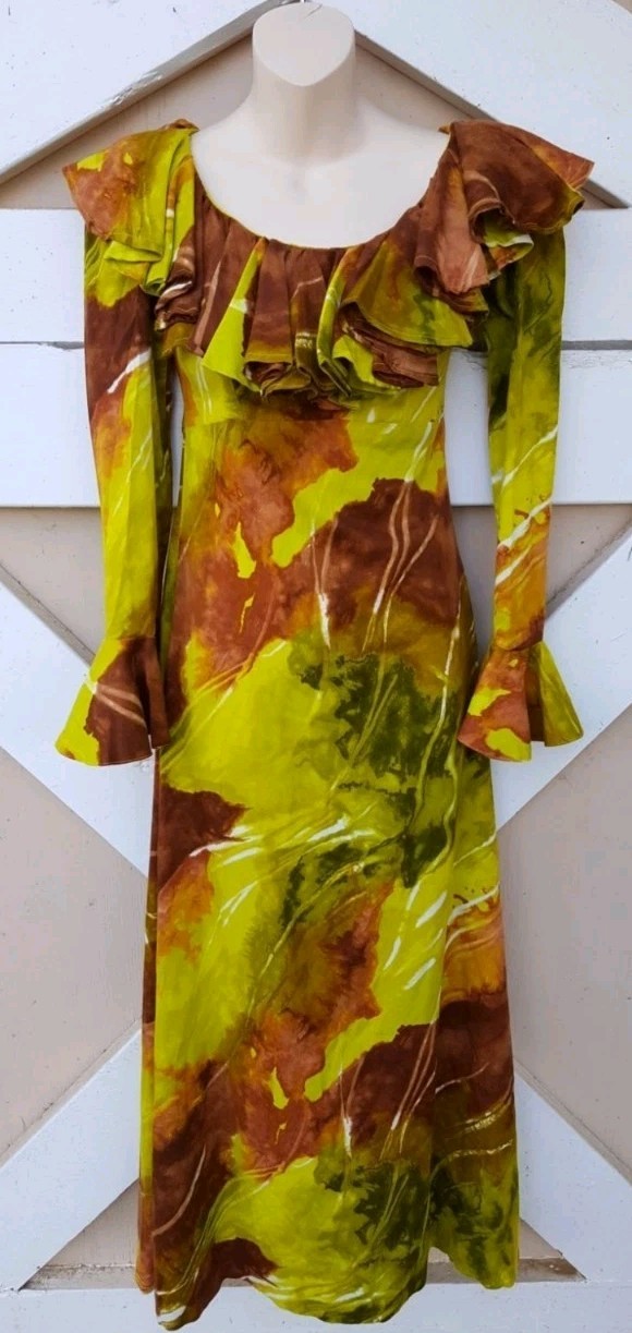 Vintage 1970s XS Ruffle Neck Handmade Long Dress Bell Sleeves Green Brown Swirl