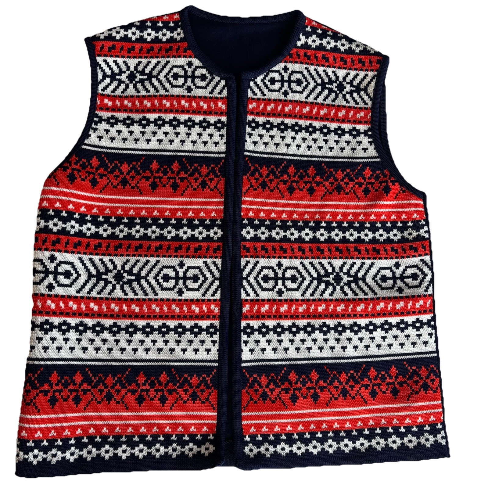 Vintage Woven Front Vest Made by ILGWU Union Label Red-Orange Blue White Women M