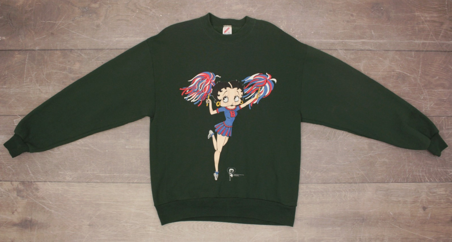 VTG Women’s 90s Dark Green Betty Boop Cheerleader Sweatshirt Sz L 1990s