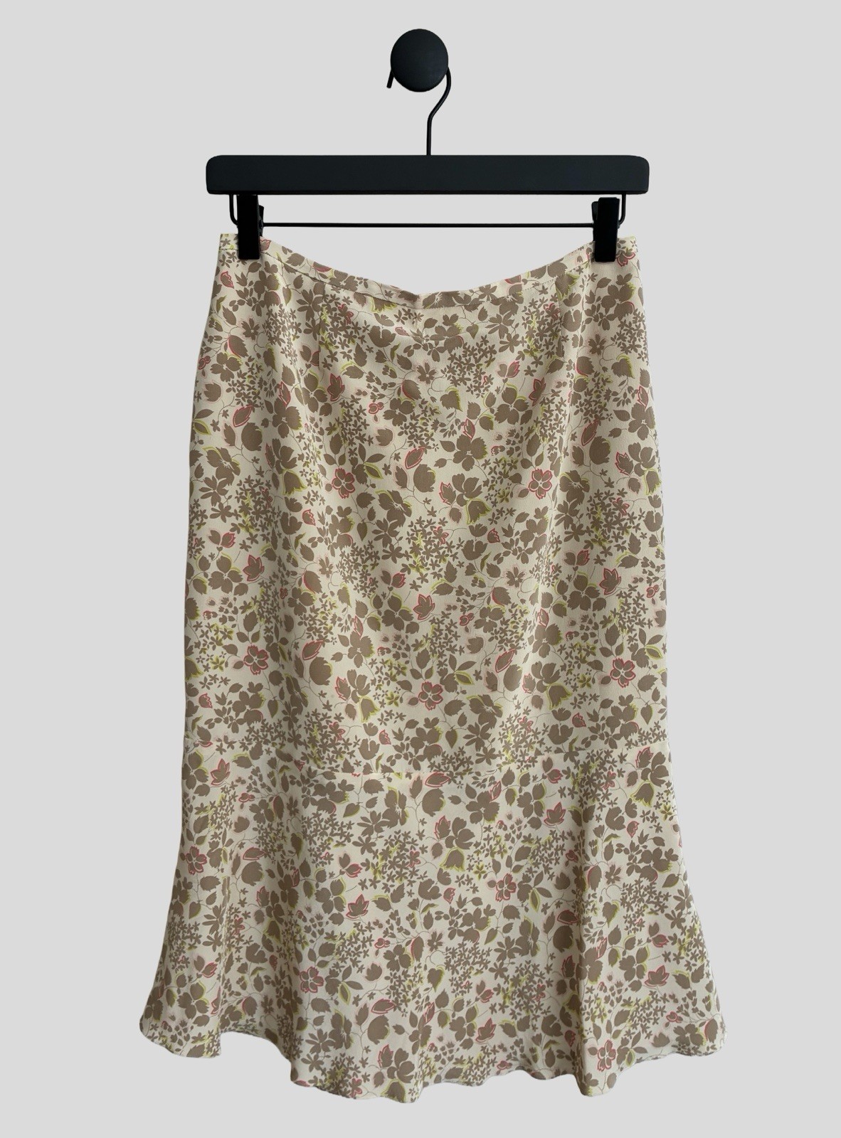 DKNY Neutral Tan 100% Silk Floral Printed Midi Skirt 90s Flowy Chiffon Sz 4