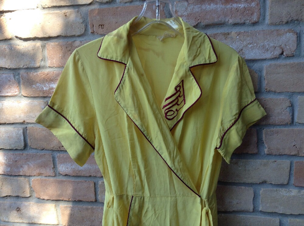 VTG 40s Yellow Dress Sz S ?27″W Theater Study Costume DAMAGE STAINS