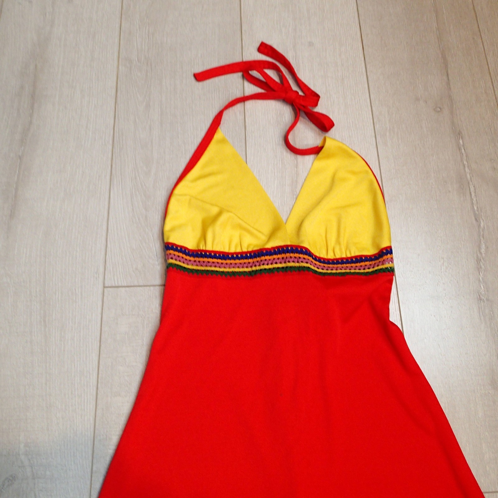 70s Joy Stevens California Halter Dress red yellow Maxi crochet boho sz 5/6