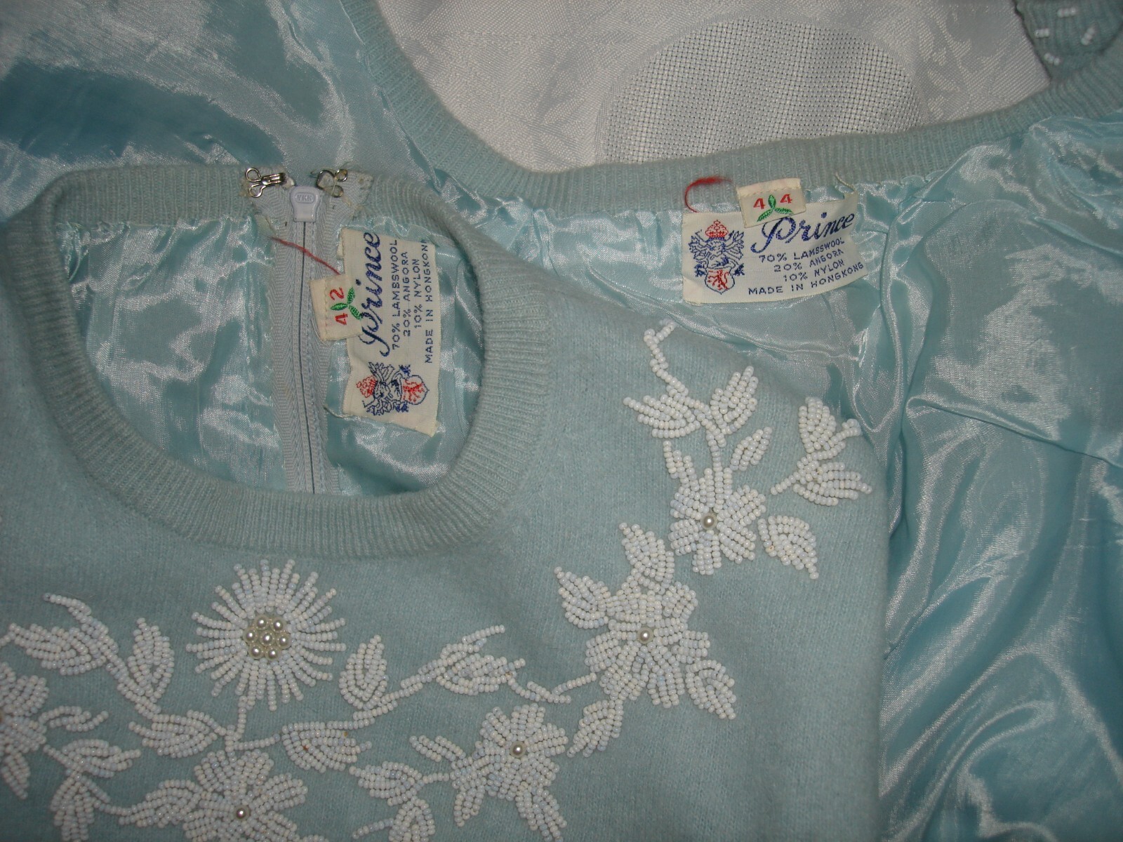 Vtg 50s Prince Beautiful Unique Set Dress Sweater Ice Baby Blue White Beaded M