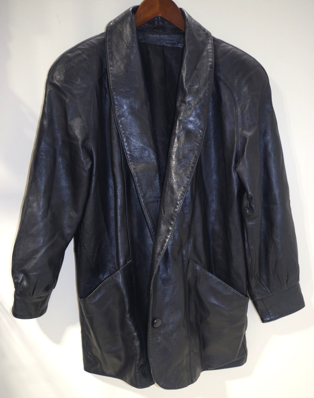 10B Vintage Womens M/L Black Leather Jacket Shawl Collar Raglan Coat