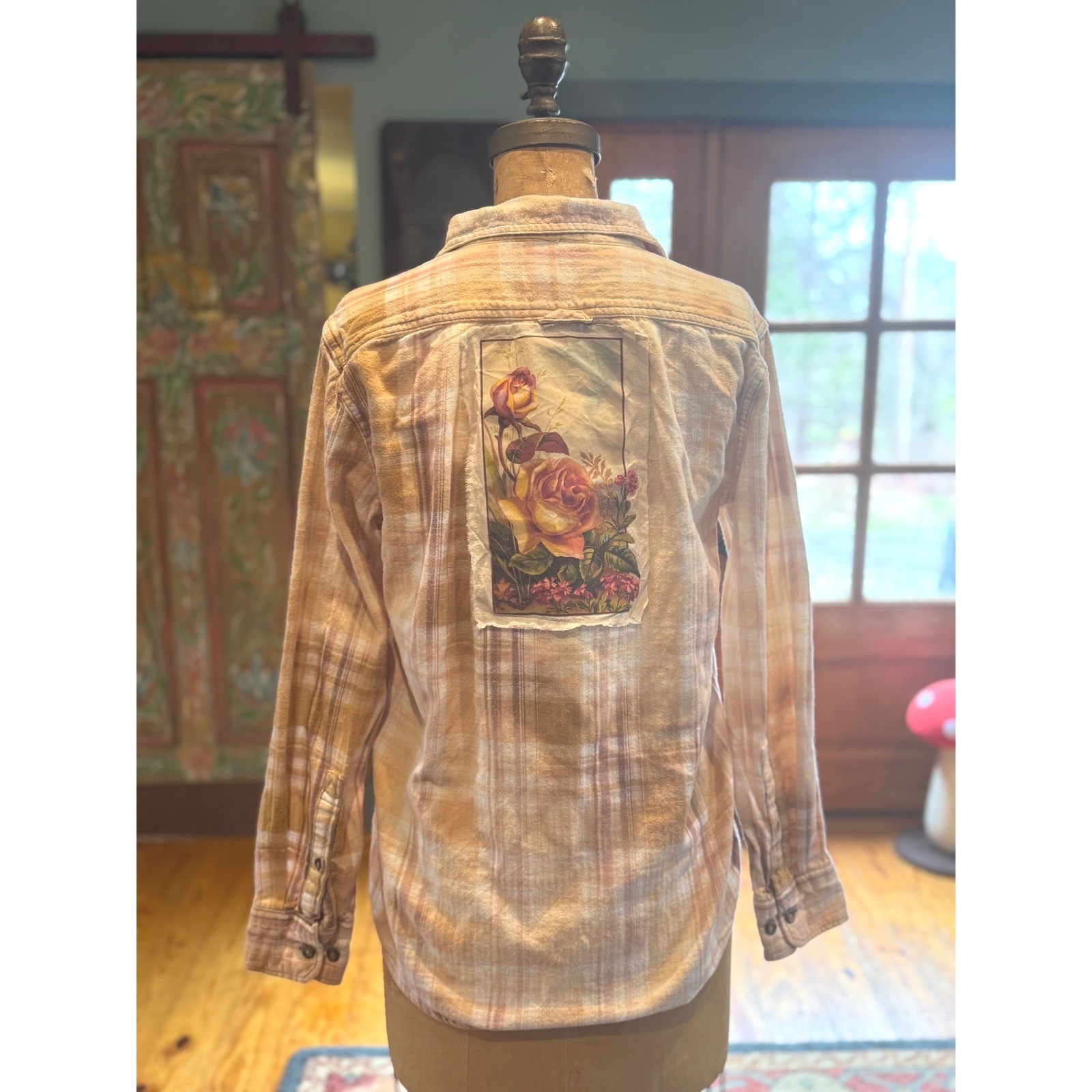 Upcycled Yellow Rose Flannel Shirt Small Cotton Boho Folk Art