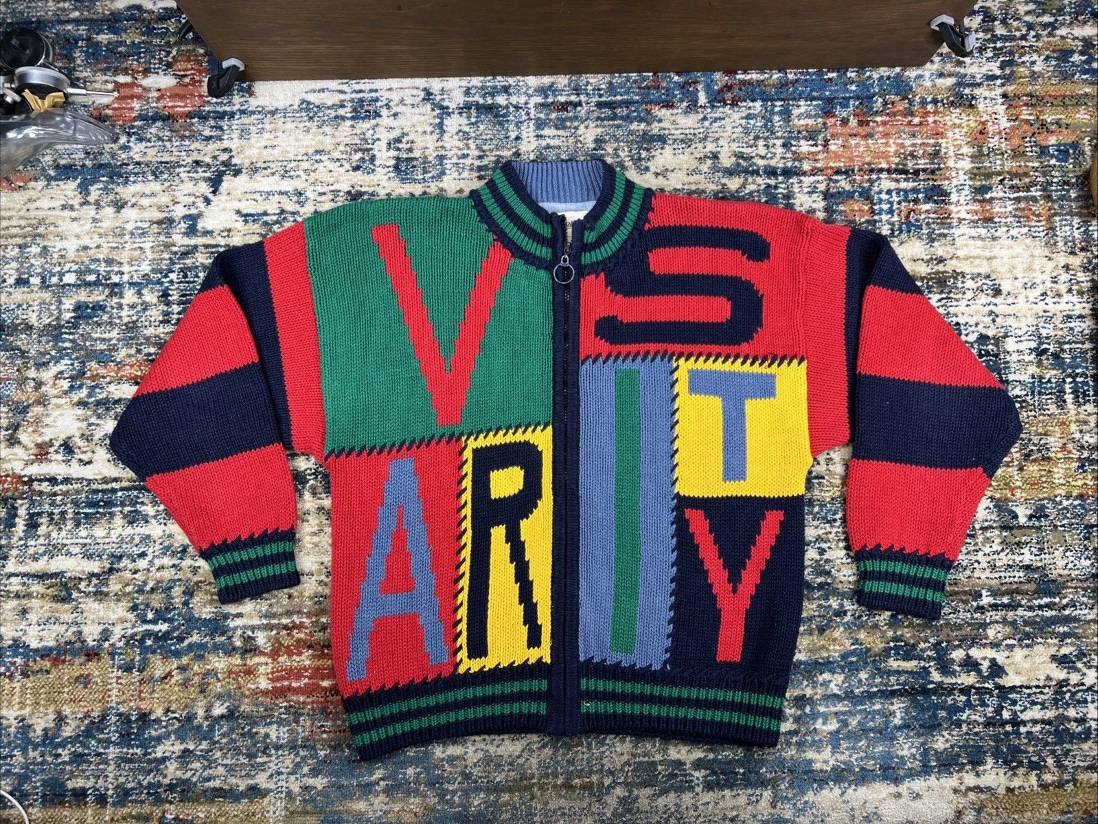 Vtg 90 Sportables “VARSITY” Colorblock Sweater Full Zip Womens Sz L Ramie Blend