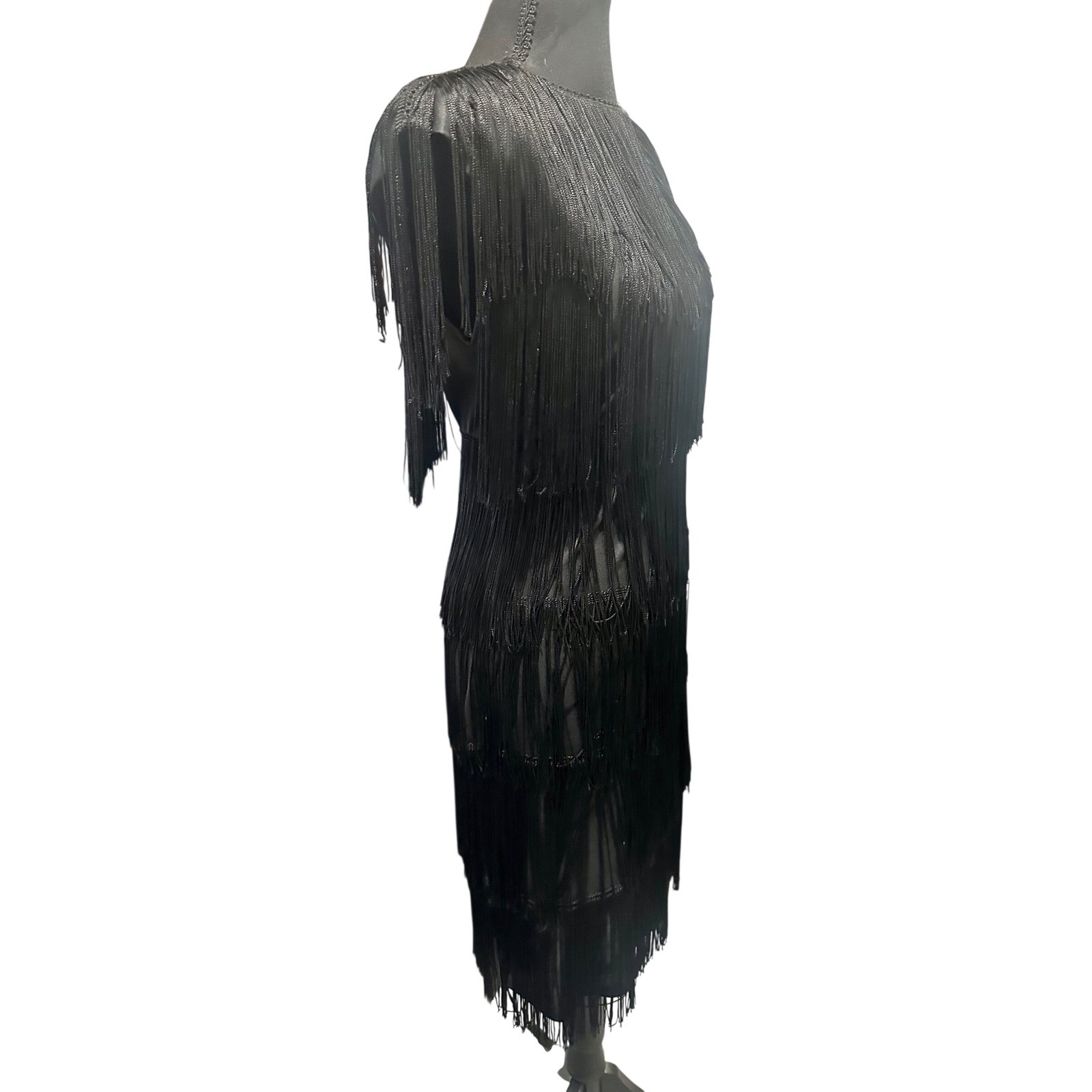 HW Collection Vintage Black Fringe Tiered Flapper Cocktail Dress Womens 8 USA