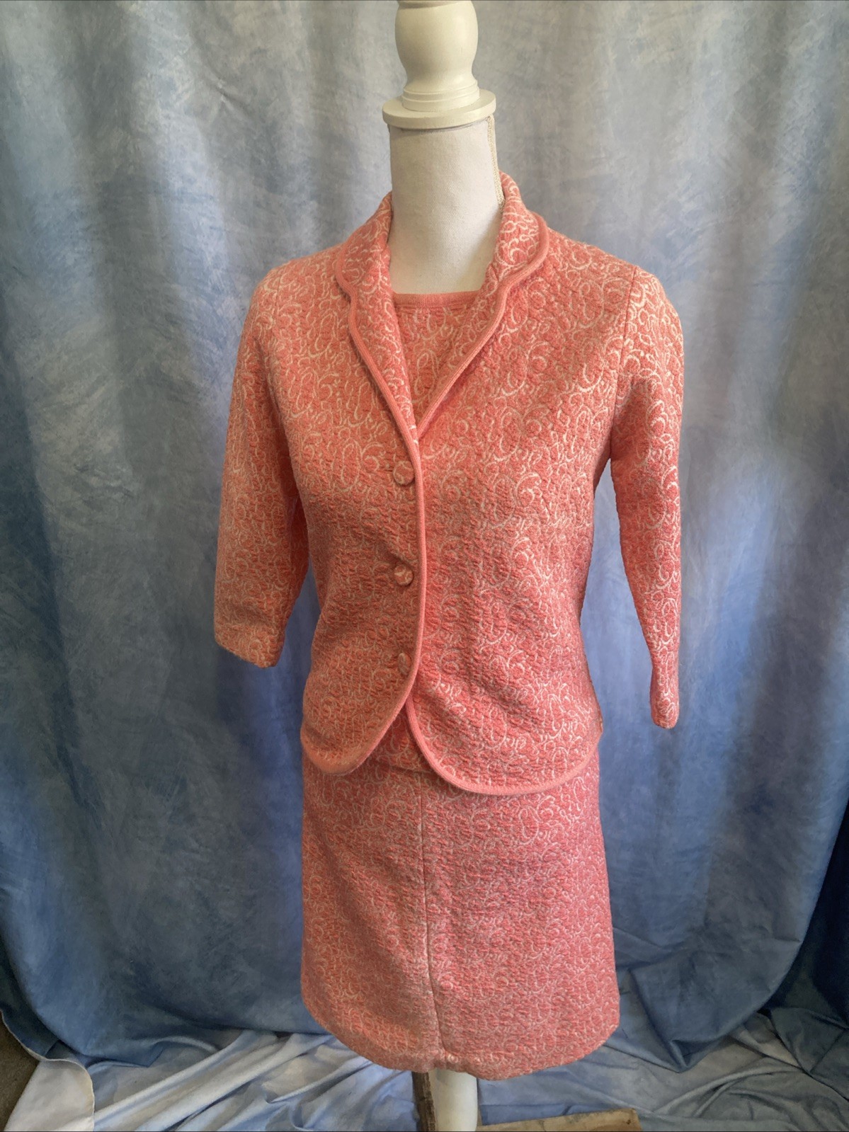 Vtg 60s Glentran Glengarry Pink Knit 3pc Skirt Suit Set 7/8 XXS Mod Textured GUC