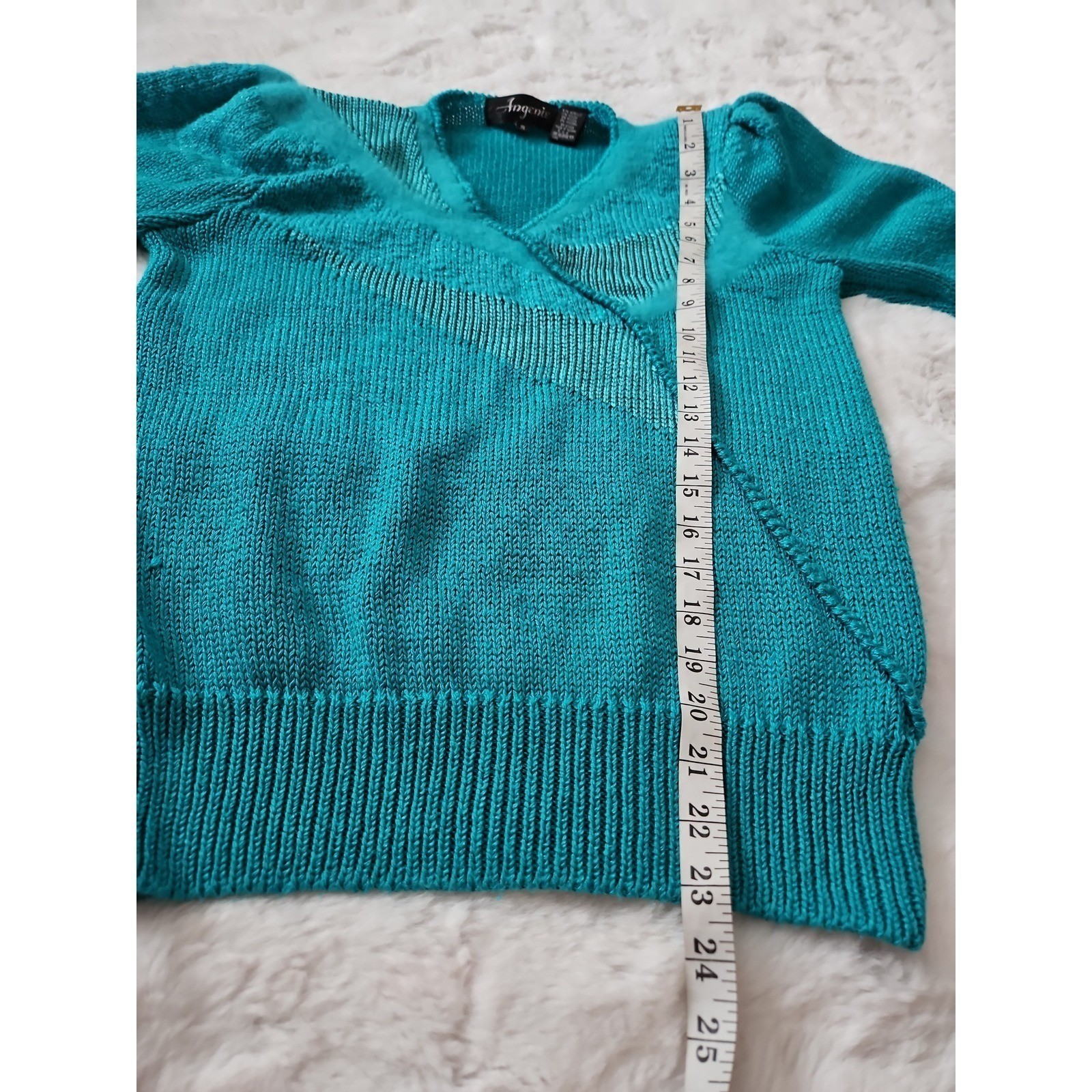 Angenie Sweater Women Small Teal Blue Excellent Vintage 80s V-Neck Angora Blend