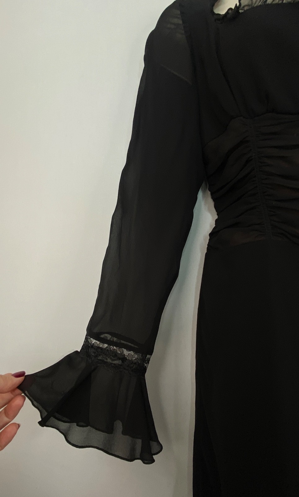 Vintage 1990s black MODA INTL silk dress 8 long flounce sleeve sheer midi ruffle