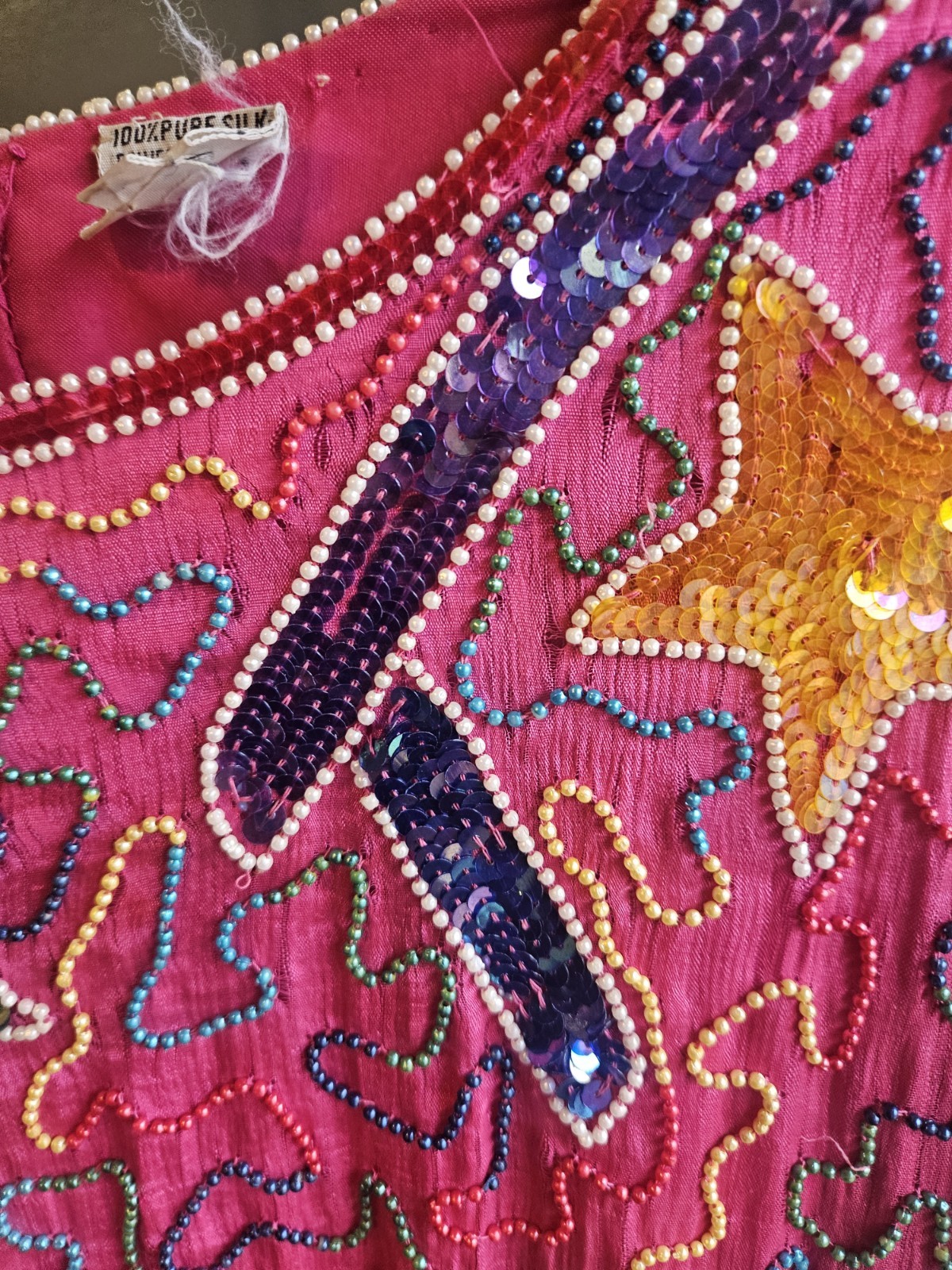 Vintage 80s Flapper 100% Silk Funky Beaded Whimsical Retro Large Sequin Dress