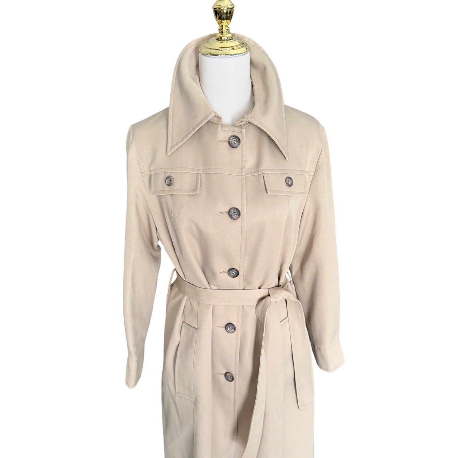 Vintage 70s Style Tan Beige Longline Belted Trench Coat Duster Jacket Womens