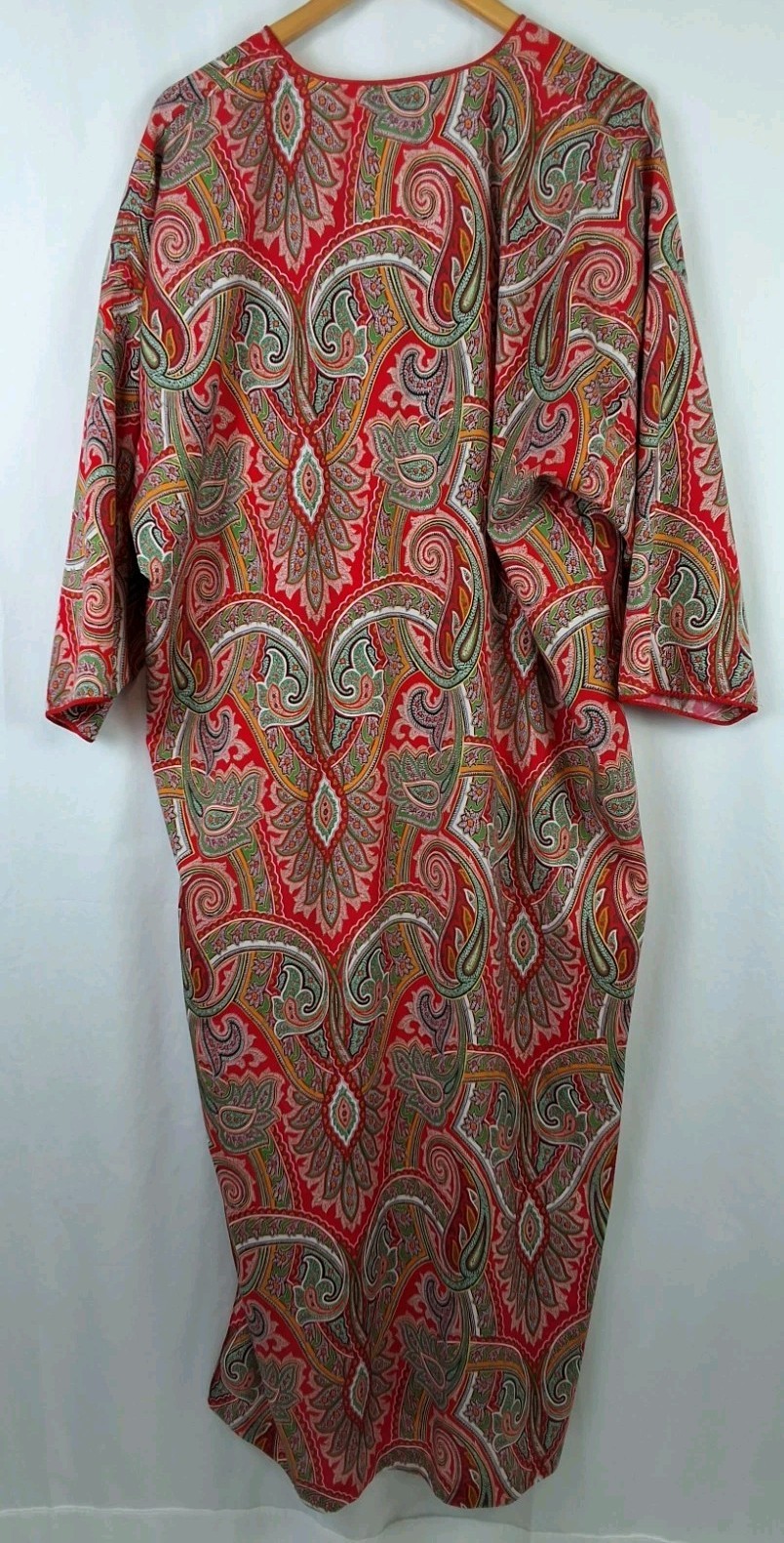 Vintage Mary McFadden V Neck Red Paisley Caftan House Dress One Size