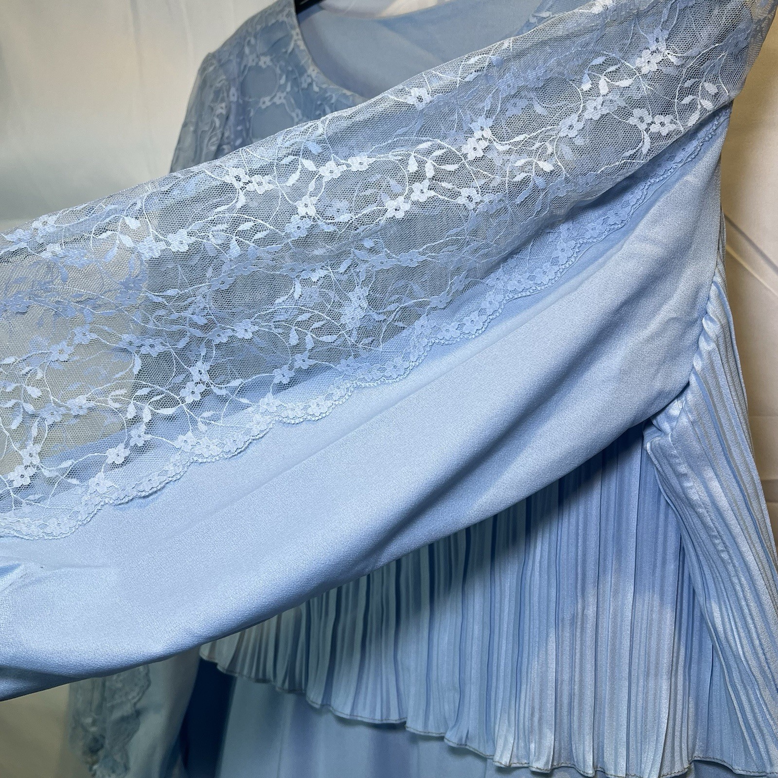 Vintage Blue Dress Sears 1970s the Fashion Place Knee Length Wedding Lace Sleeve