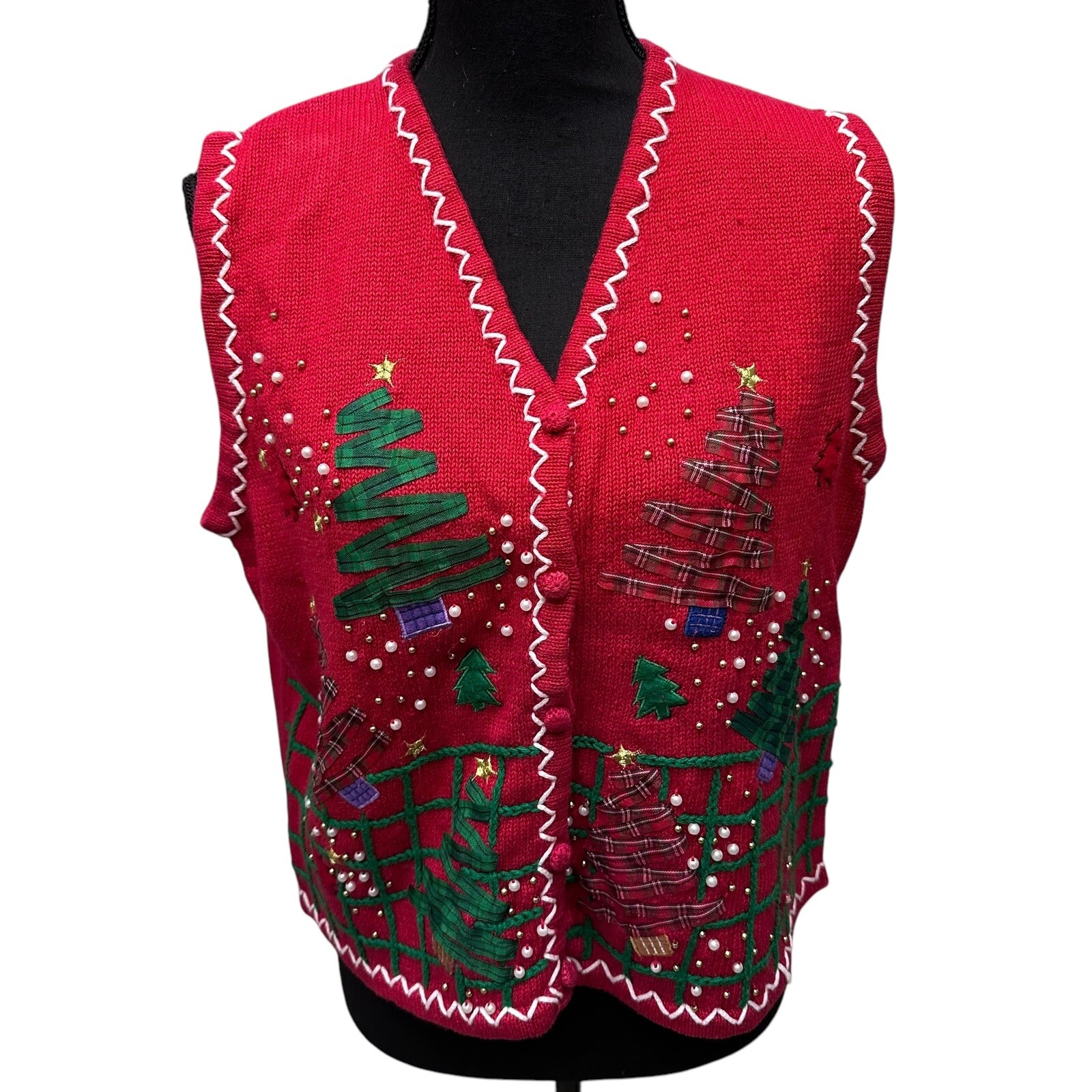 Designer Original Studios Large Vintage Christmas Tree Embroidered Red Vest