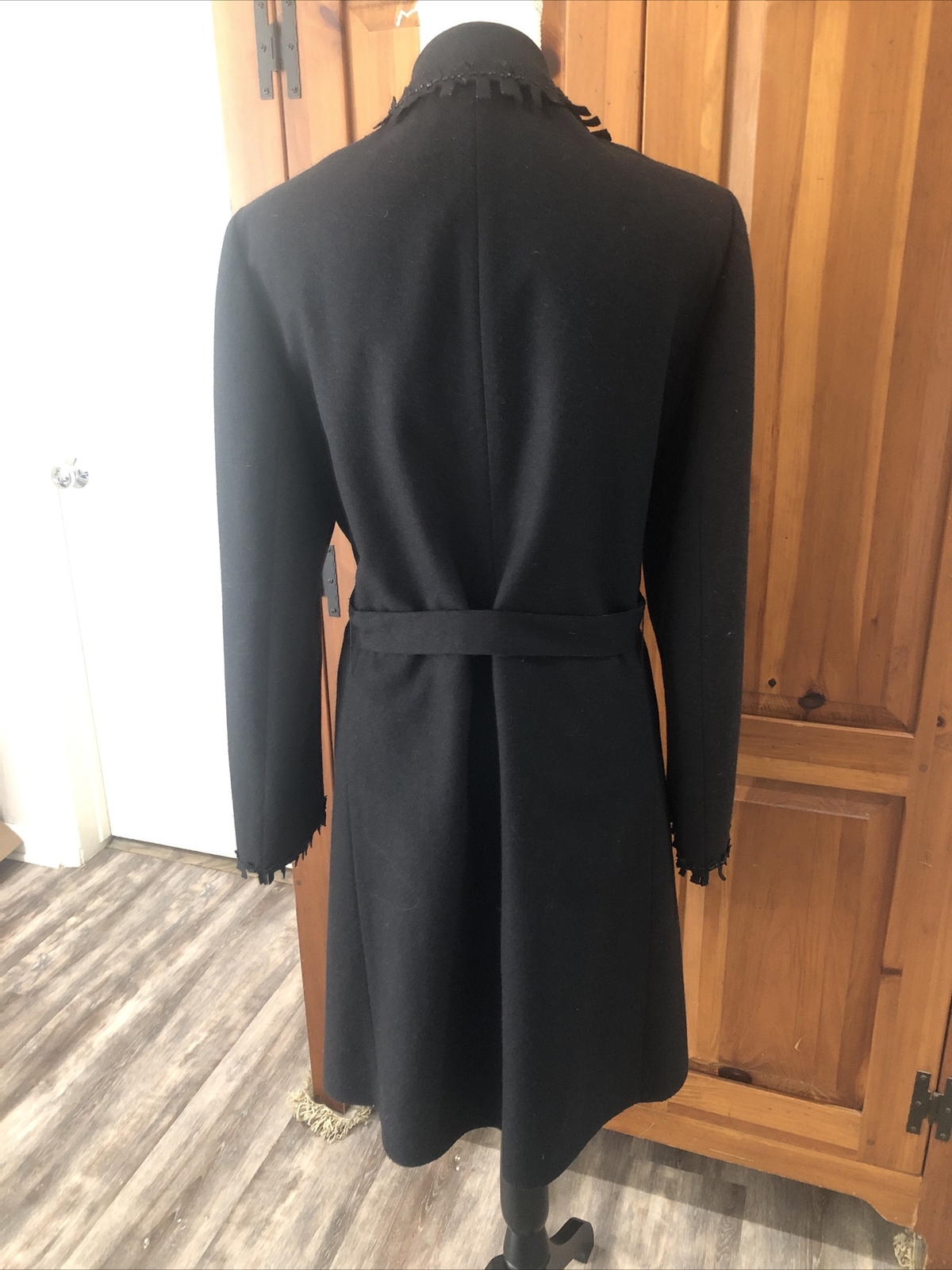 Valentino Miss V Vintage 80s Black Wool Felt Wrap Fringed Beaded Coat size 44 10