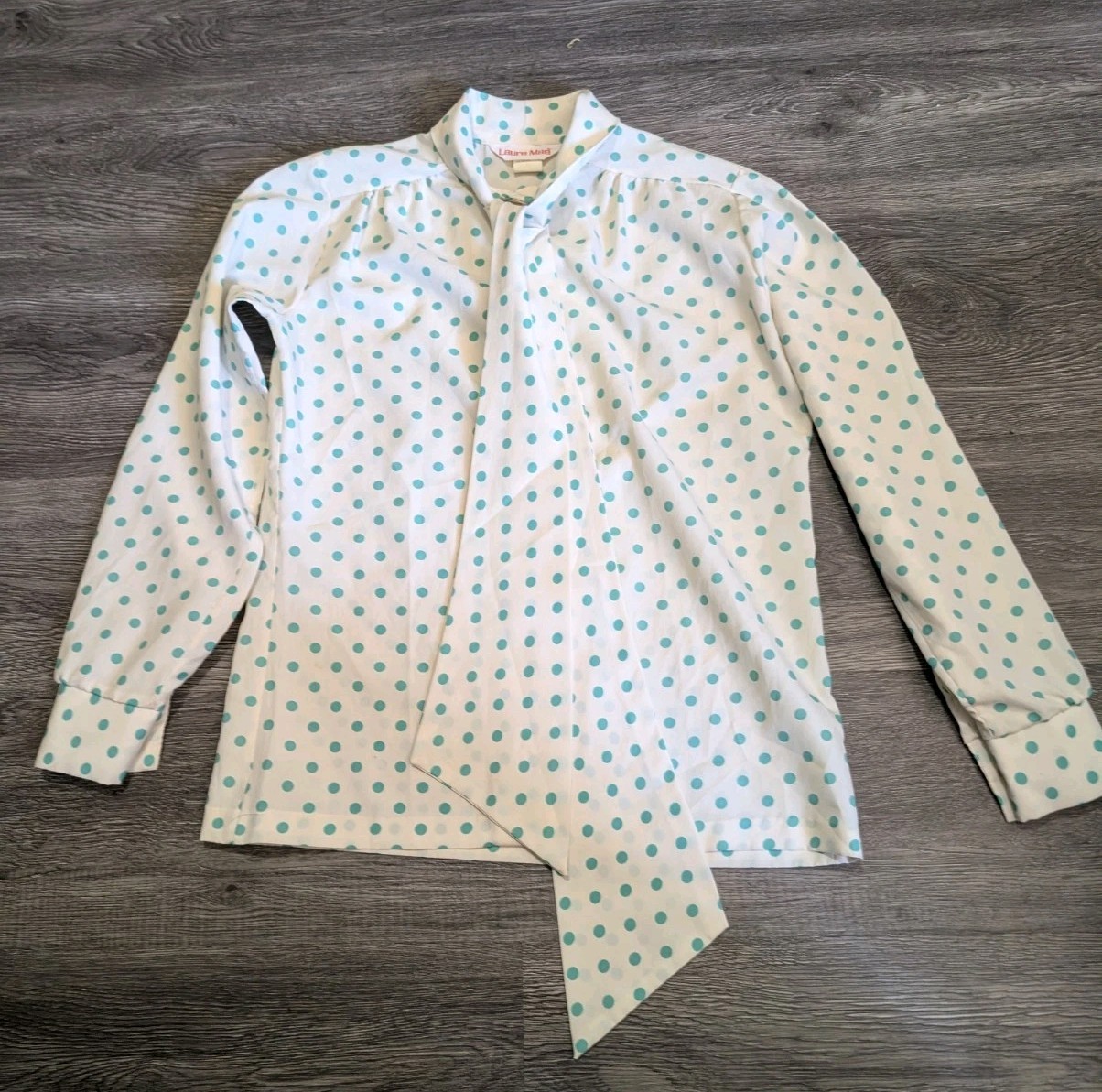 Vintage Laura Mae 1970s Polka Dot Pussy Bow Blouse – Cream & Teal/Aqua
