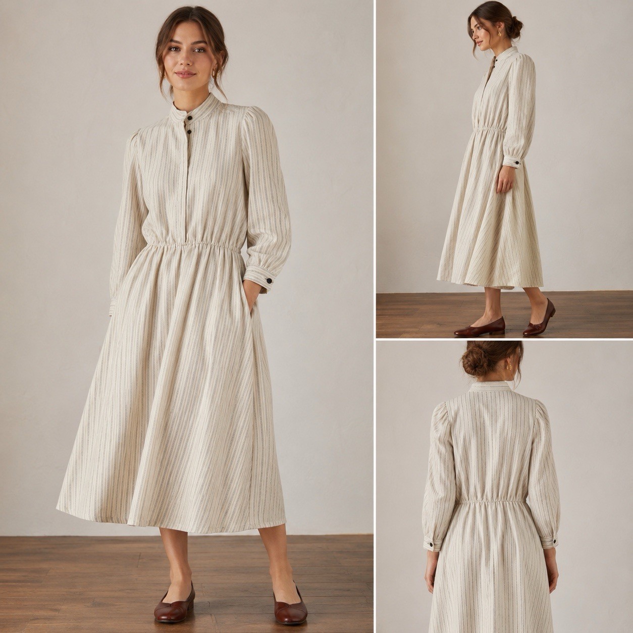 Women’s Vintage 70s VLP Union USA Made CottageCore Midi Beige Stripe Dress Sz 12