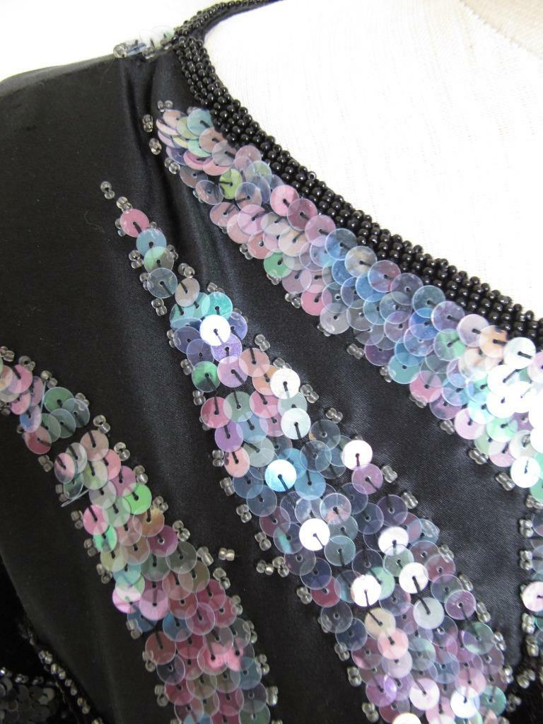 Vintage Silk Beaded Sequin Batwing Top M 80s Blouson Black Velvet Three Flaggs