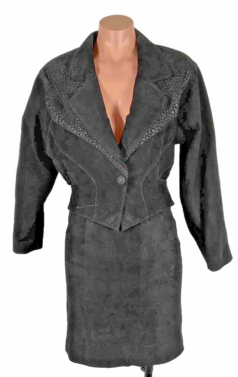 Vintage CHIA LEATHER 2 pc Suit Crop Jacket (S) High Waist Pencil Skirt (Sz 2)