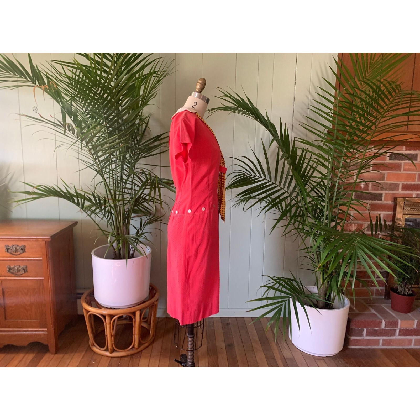 Vintage 1960s Red Dotted Swiss Cotton Dress White Collar Yellow Red Scarf