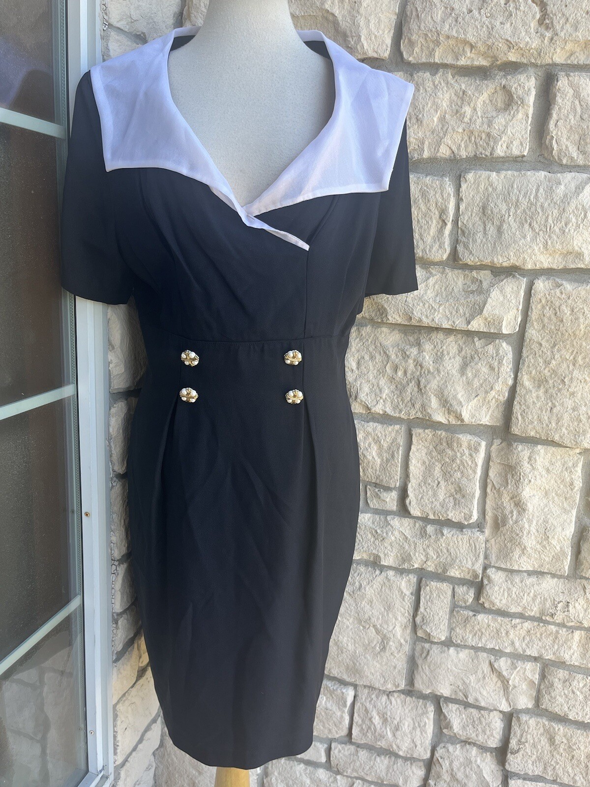Vintage Atina by Karon Crosby Dress M/LNavy Blue Gold White Buttons Sailor Pinup