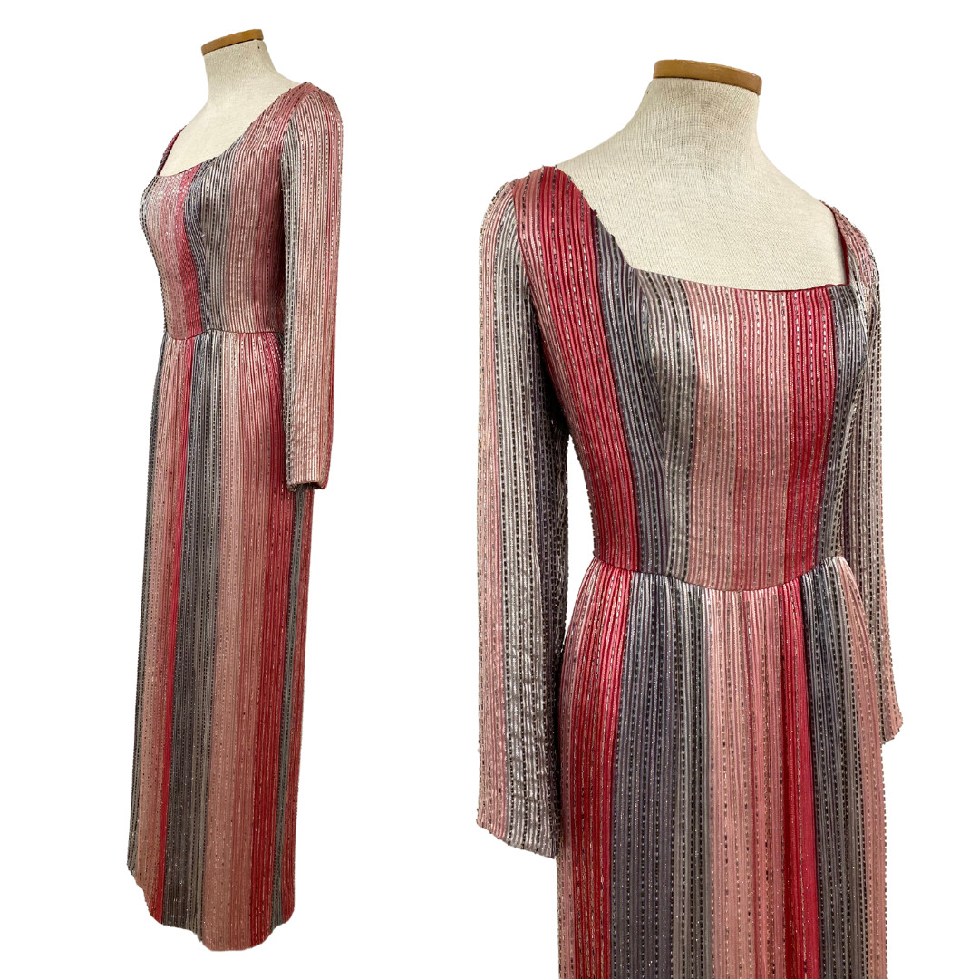 Vtg 80s 70s Ruben Panis Designer Primo Glam Striped Pastel Heavily Beaded Gown